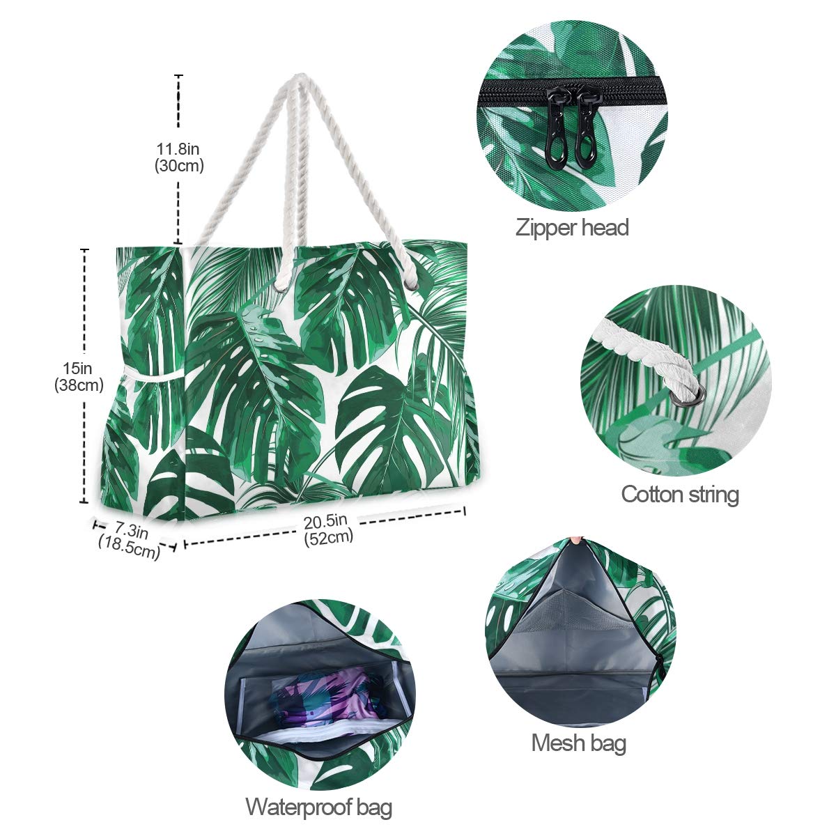 ALAZA Tropical Palm Leaves Beach Toy Bag - Durable Groceries & Essentials Tote for Seaside, Shower Stall, Swimming Pool, and Outdoor Adventures