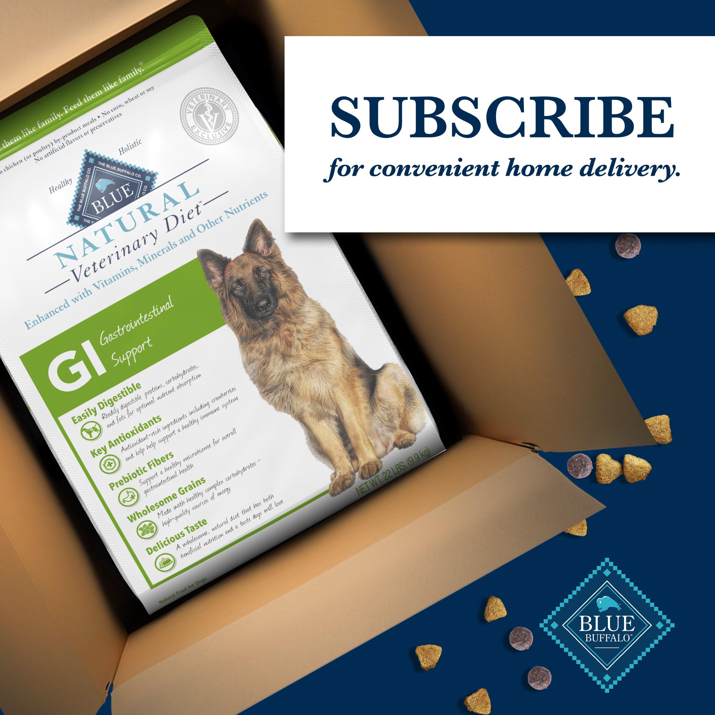 Blue Buffalo Natural Veterinary Diet GI Gastrointestinal Support Dry Dog Food - Chicken Flavor, 22lb Bag for Sensitive Stomach | Vet Prescription Required | Ideal for Dogs with Digestive Issues & Food Allergies