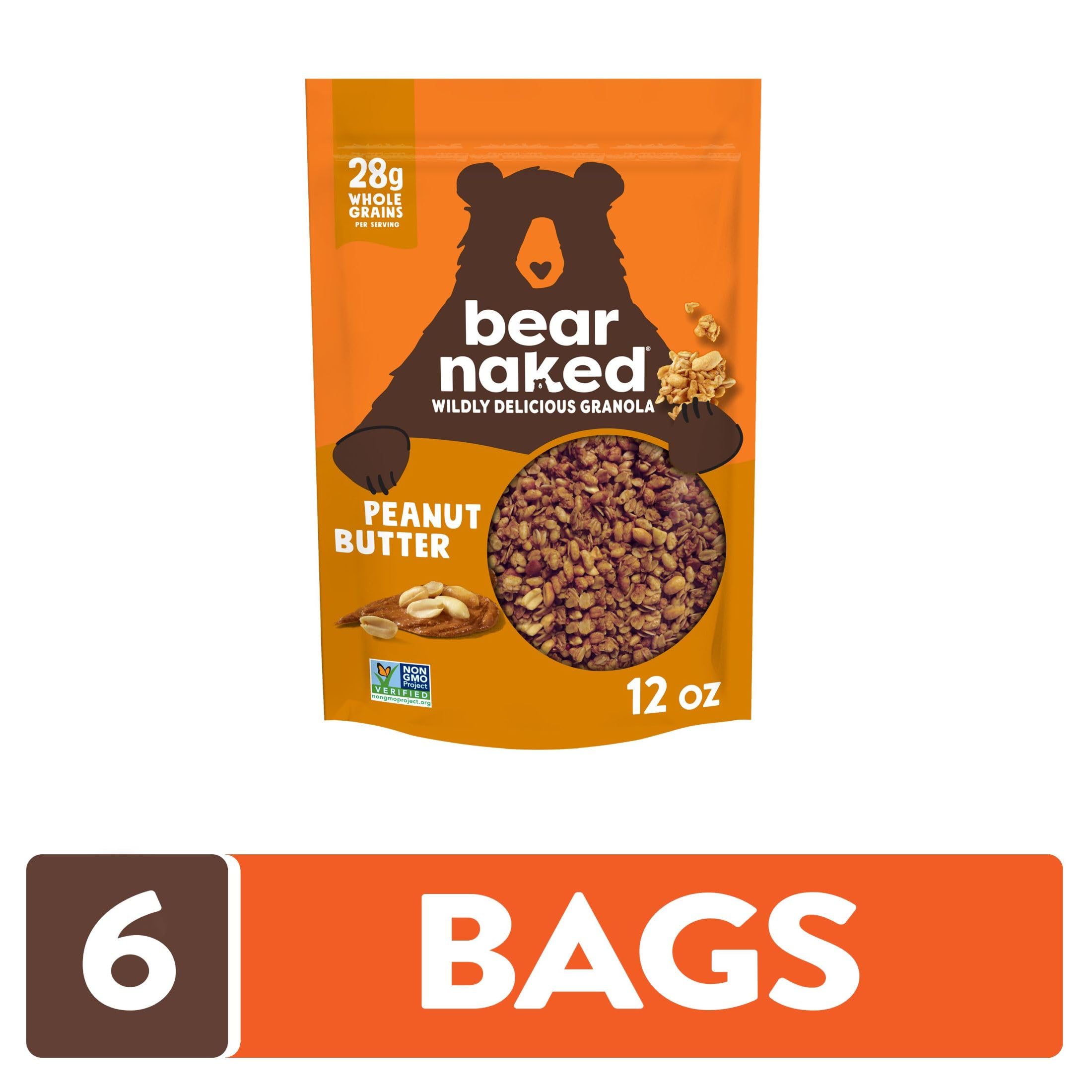 Bear Naked Granola Cereal - Peanut Butter Flavor, Healthy Breakfast & Snack, 6 Pack Bags - Perfect for On-the-Go, Office, or School Lunch
