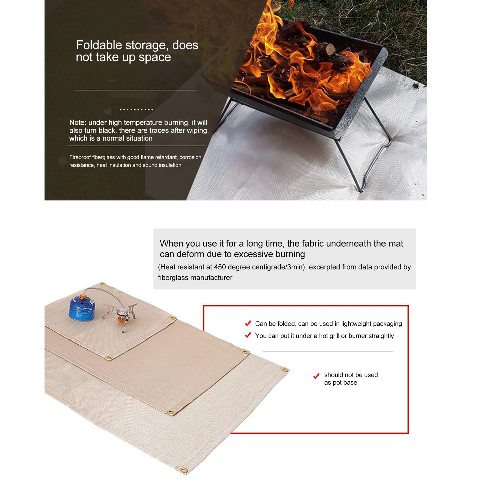 Fireproof Fiberglass Fire Pit Mat - High Temp Resistant, Portable for BBQ & Camping