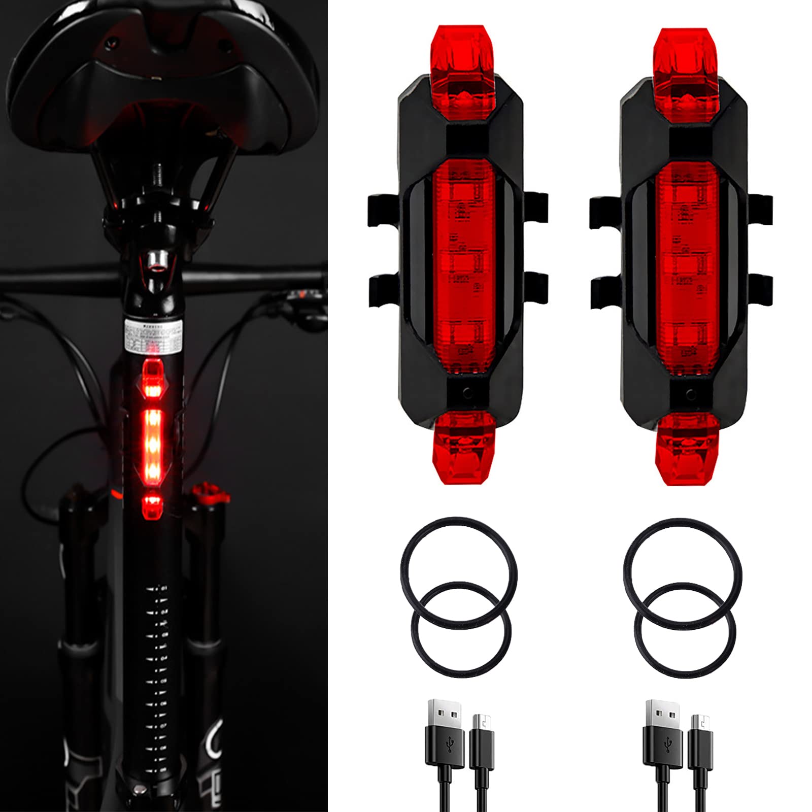 2 Pack USB Rechargeable LED Bike Tail Lights - Waterproof Bicycle Rear Safety Light with 4 Bright Modes for Night Cycling | Perfect for Men, Women & Kids on Road, MTB, Commuting and Outdoor Adventures