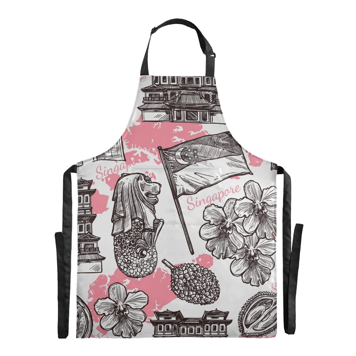 Hand Painted Singapore Landscape Waterproof Bib Apron - Adjustable Straps & Large Pocket for Painting, Cooking, Bartending - Perfect for Artists, Chefs & Stepdads (Gift Idea for Adults)