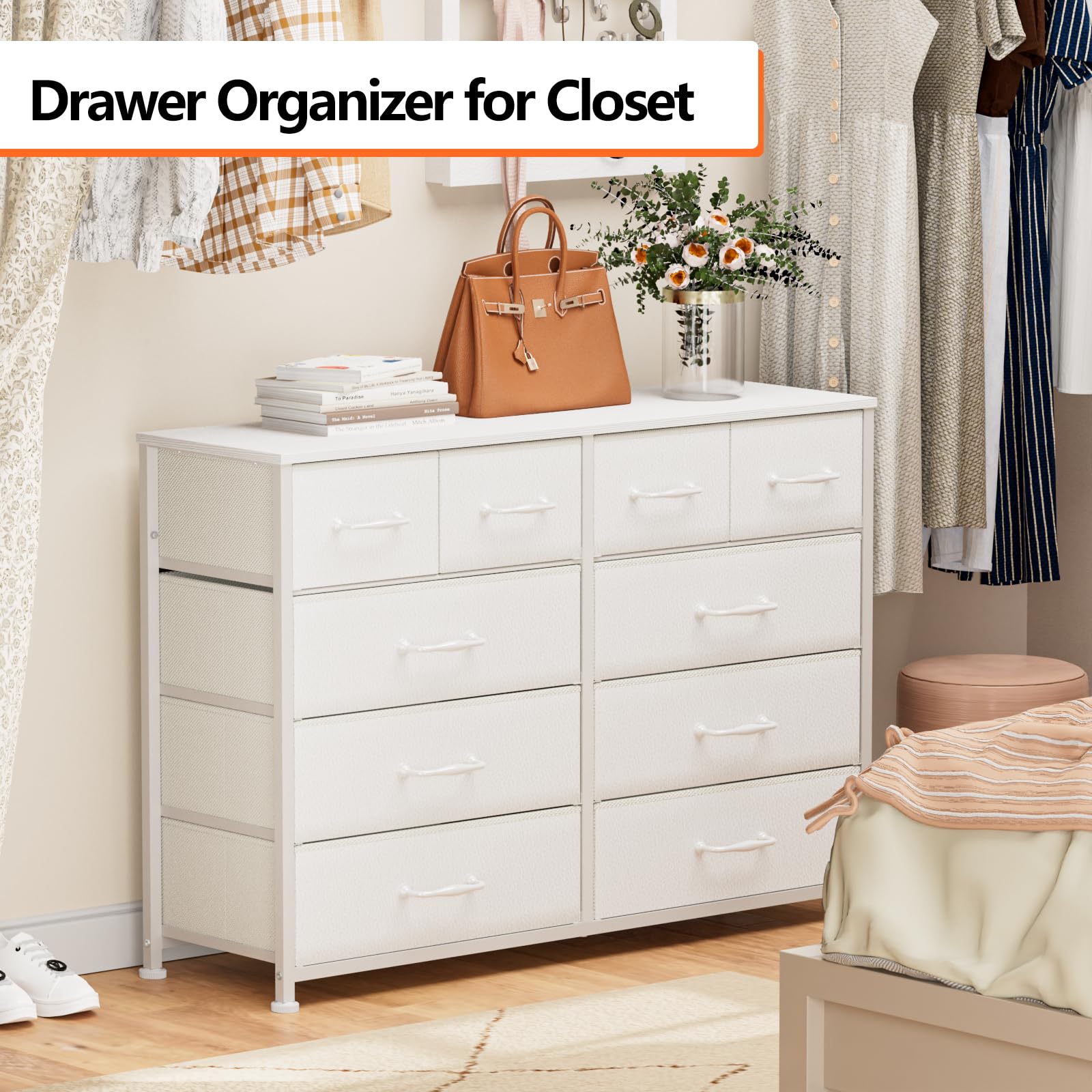 Furnulem White 55-Inch TV Stand Dresser - 10-Drawer Storage Cabinet with Sturdy Metal Frame for Bedroom, Living Room & Entryway | Perfect as TV Stand, Entertainment Center & Tall Storage Organizer