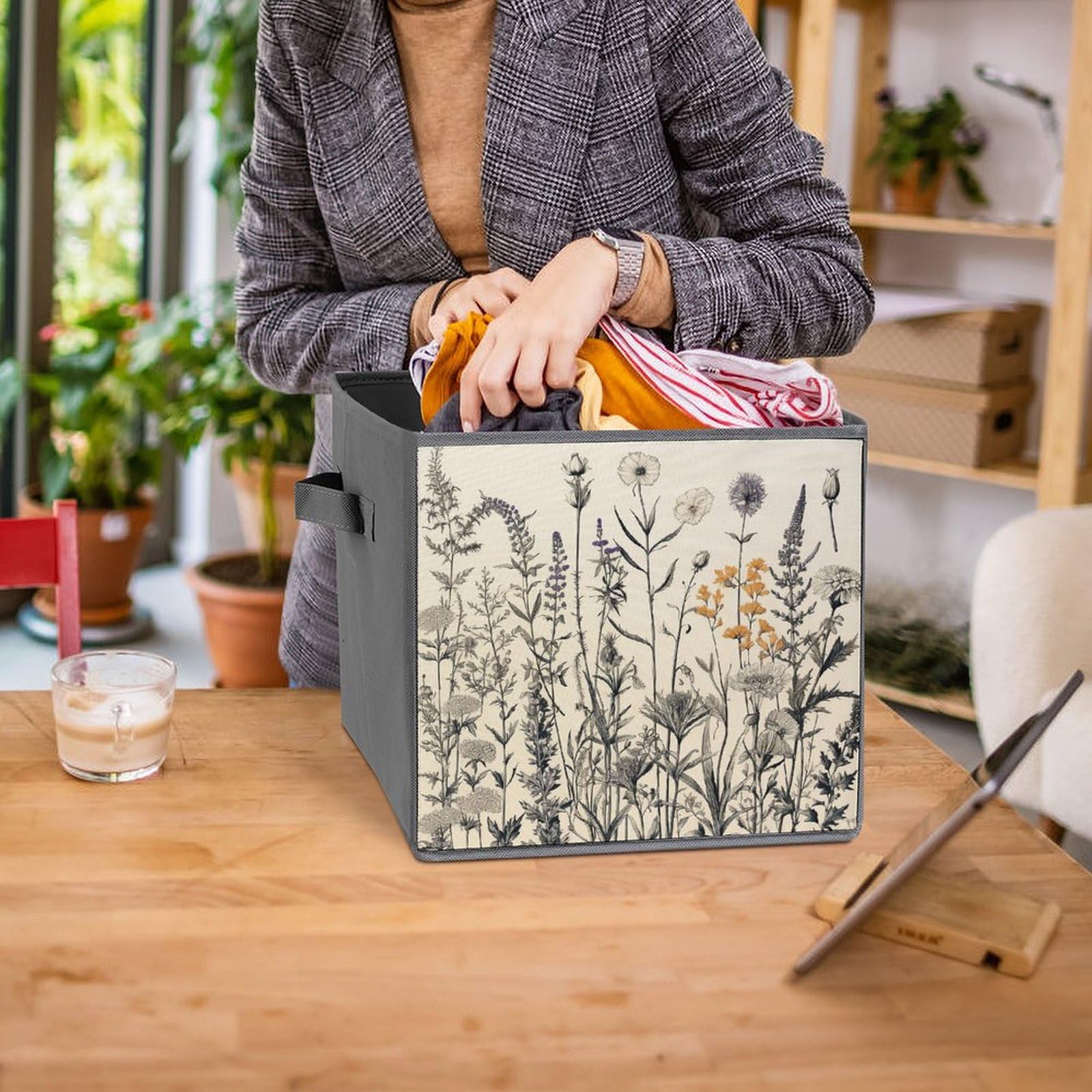 2PCS Foldable Storage Bins with Floral Herbs Botanical Print - Large Capacity Storage Boxes with Handles for Home, Office & Playroom Organization | Perfect for Toys, Books & Clutter Control