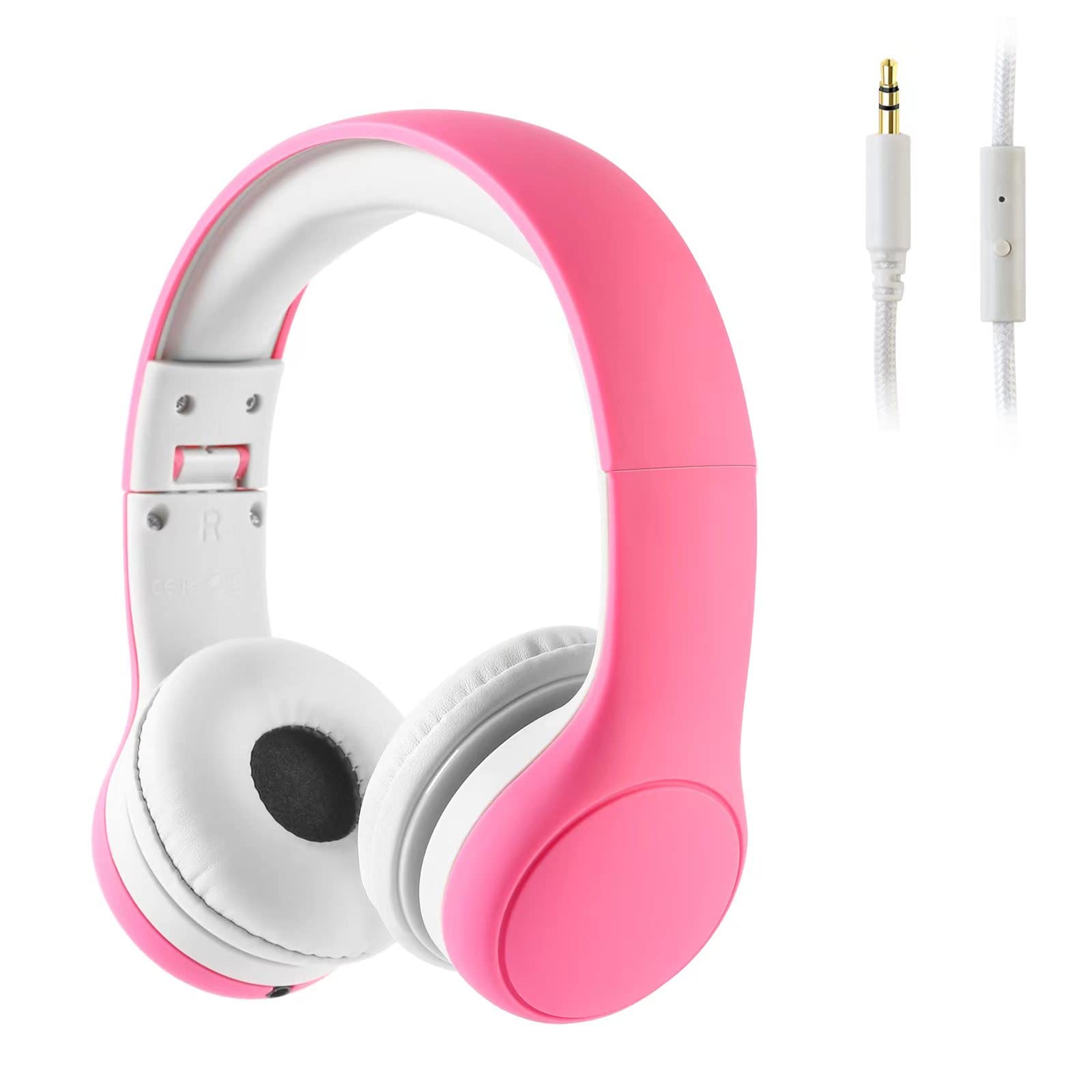 Kids Headphones with Microphone - 93dB Volume Limited Safe Wired On-Ear Foldable Headphones for School, Toddlers, Children - Compatible with iPad, Tablet (3.5mm Jack, Pink) - Perfect for Online Learning, Travel & Home Use