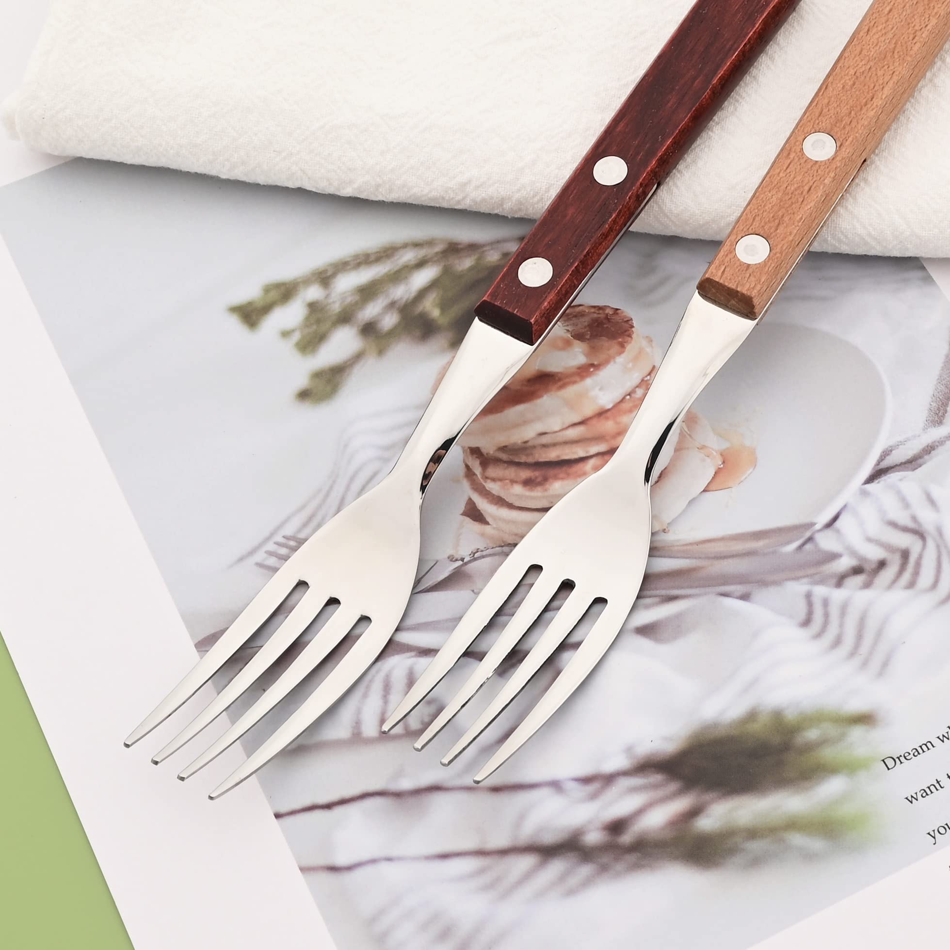 8-Piece Stainless Steel Dinner Forks Set with Natural Wood Handle - 304 Grade Flatware for Dining, Kitchen & Entertaining - 7.9