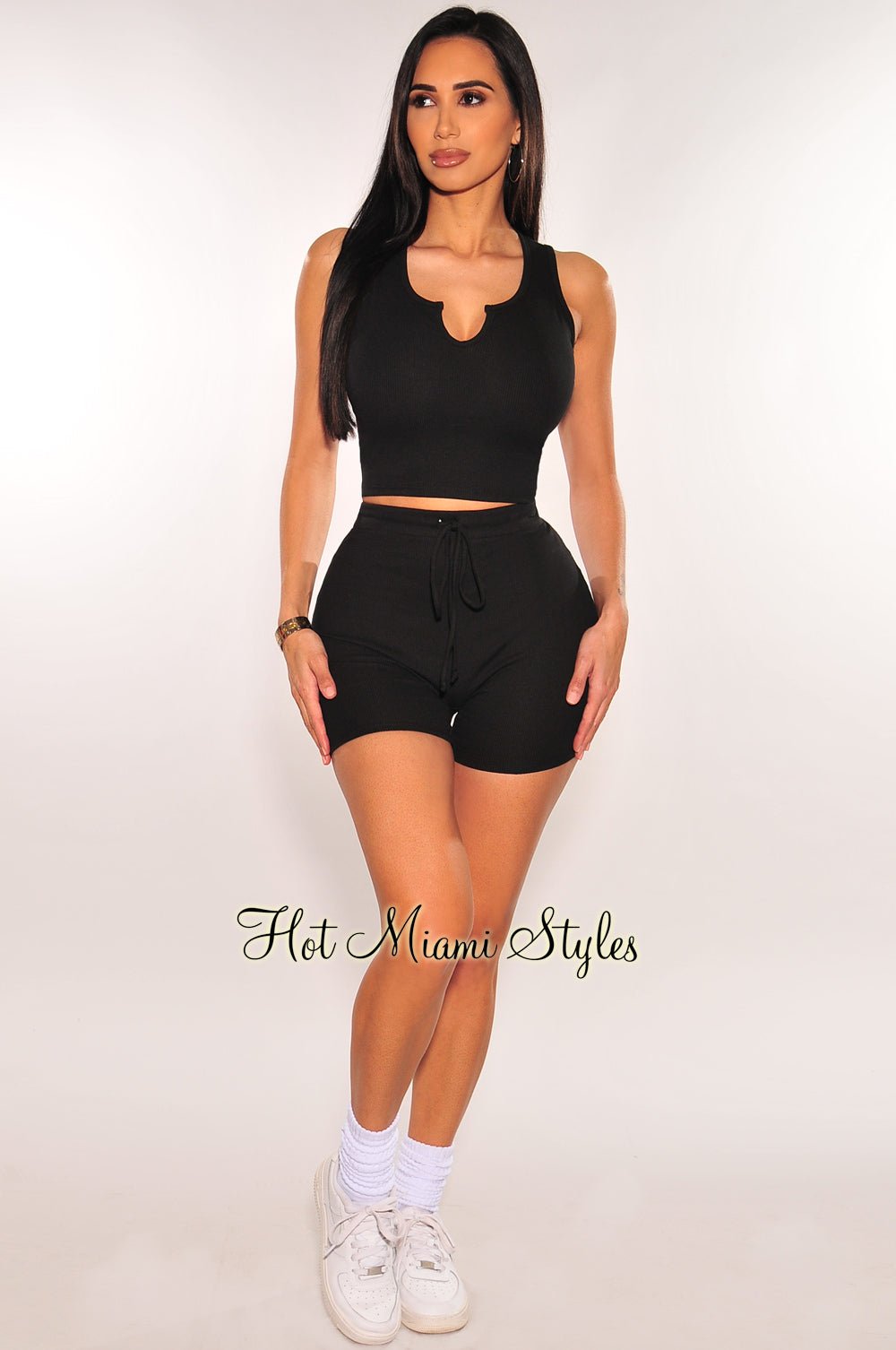 Black Ribbed Sleeveless Drawstring Biker Shorts Two Piece Set - Women's Lounge Outfit for Yoga, Gym, Running & Casual Wear