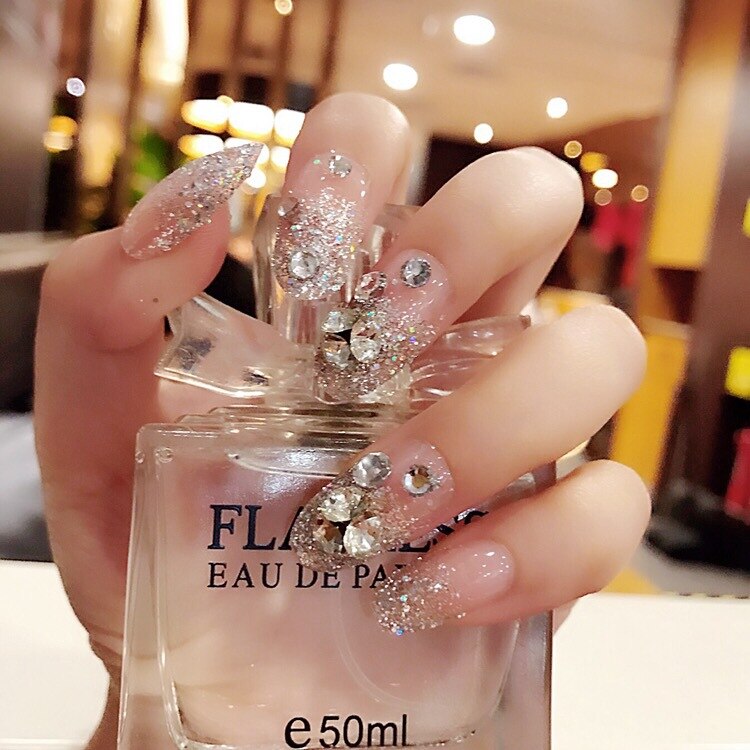 24Pcs/Box Luxe Shining Rhinestone Wedding False Nails - Transparent Glitter Gems Crown Design Square Short Fake Nails for Bride, Bridal Shower, Prom, Party & Special Occasions