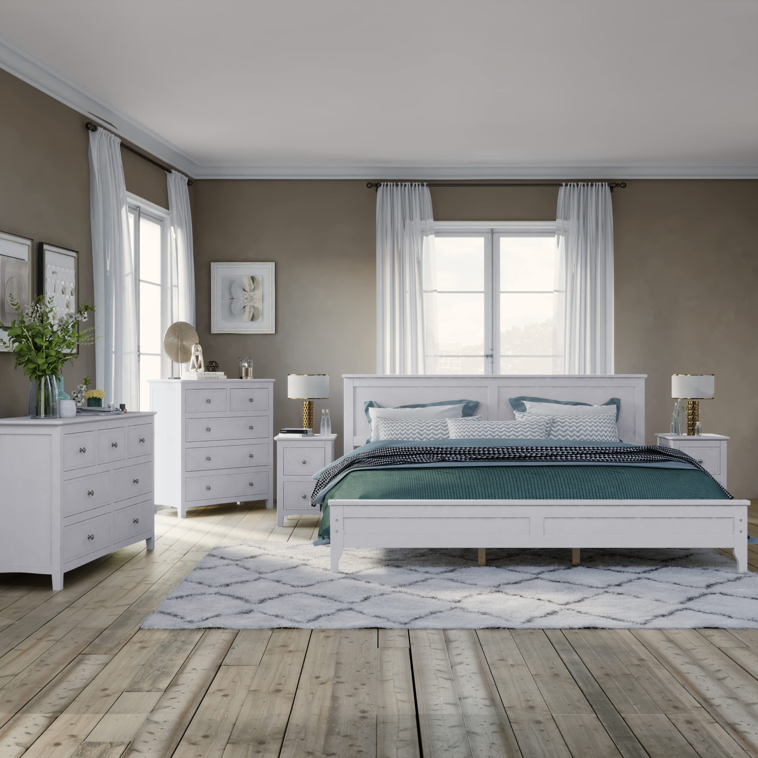 Harper & Bright Designs 5-Piece King Size Bedroom Set with Wood Frame, 2 Nightstands, Dresser & Chest - Modern White Bedroom Furniture for Master Bedroom & Guest Room