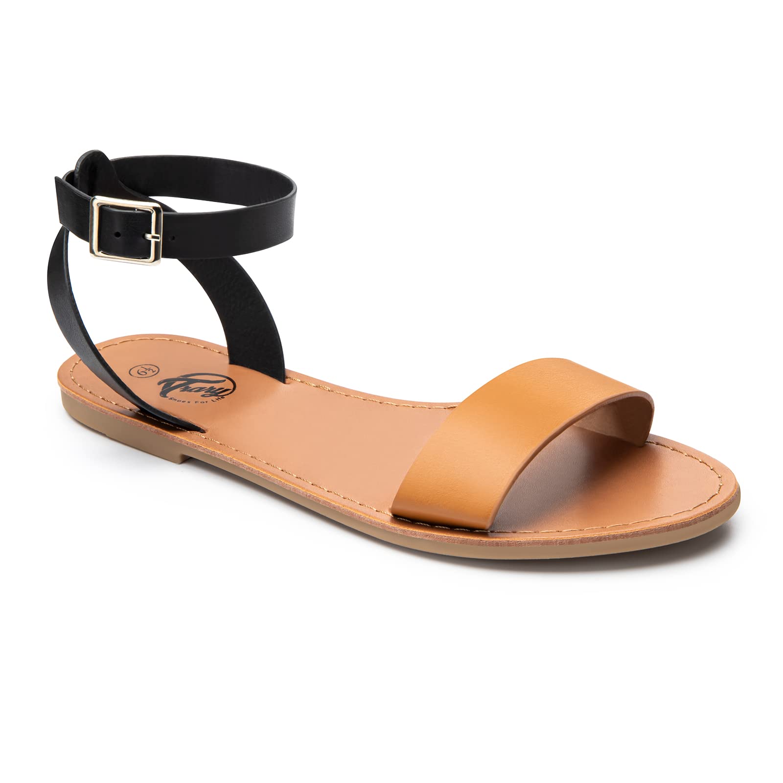 Stylish Women's Leather Gladiator Sandals with Adjustable Metal Buckle - Comfortable Flat Summer Sandals for Weddings, Parties & Casual Outfits | Open Toe Ankle Strap Two-Tone Dressy Sandals