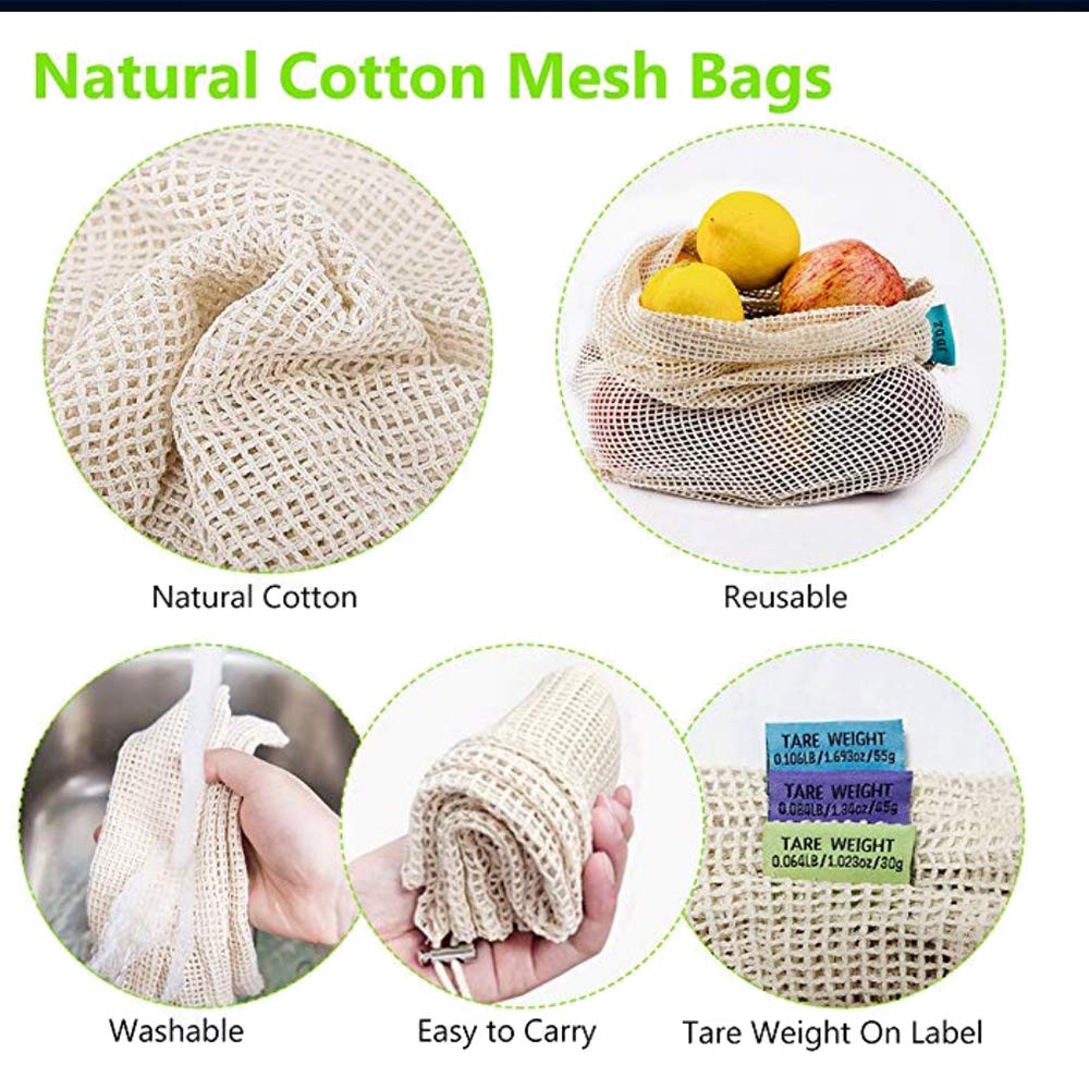 Reusable Organic Cotton Mesh Produce Bags - Eco Friendly Washable & Durable 6-Piece Set with Drawstring for Vegetables, Fruits, Grocery Shopping & Toy Storage | Perfect for Farmers Markets, Zero Waste Lifestyle & Kitchen Organization