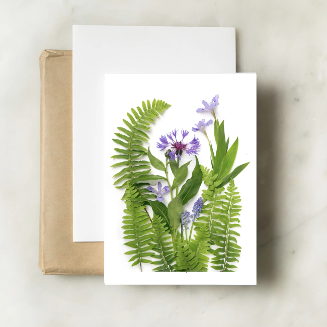 Bottle Branch Botanical Card with Ferns & Blue Flowers - Perfect for Wedding Invitations, Greeting Cards, and Scrapbooking