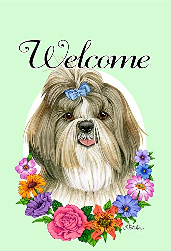 Best Shih Tzu Welcome Flowers House Flags - Perfect for Front Yard Decor, Dog Lover Gifts & Seasonal Home Greetings