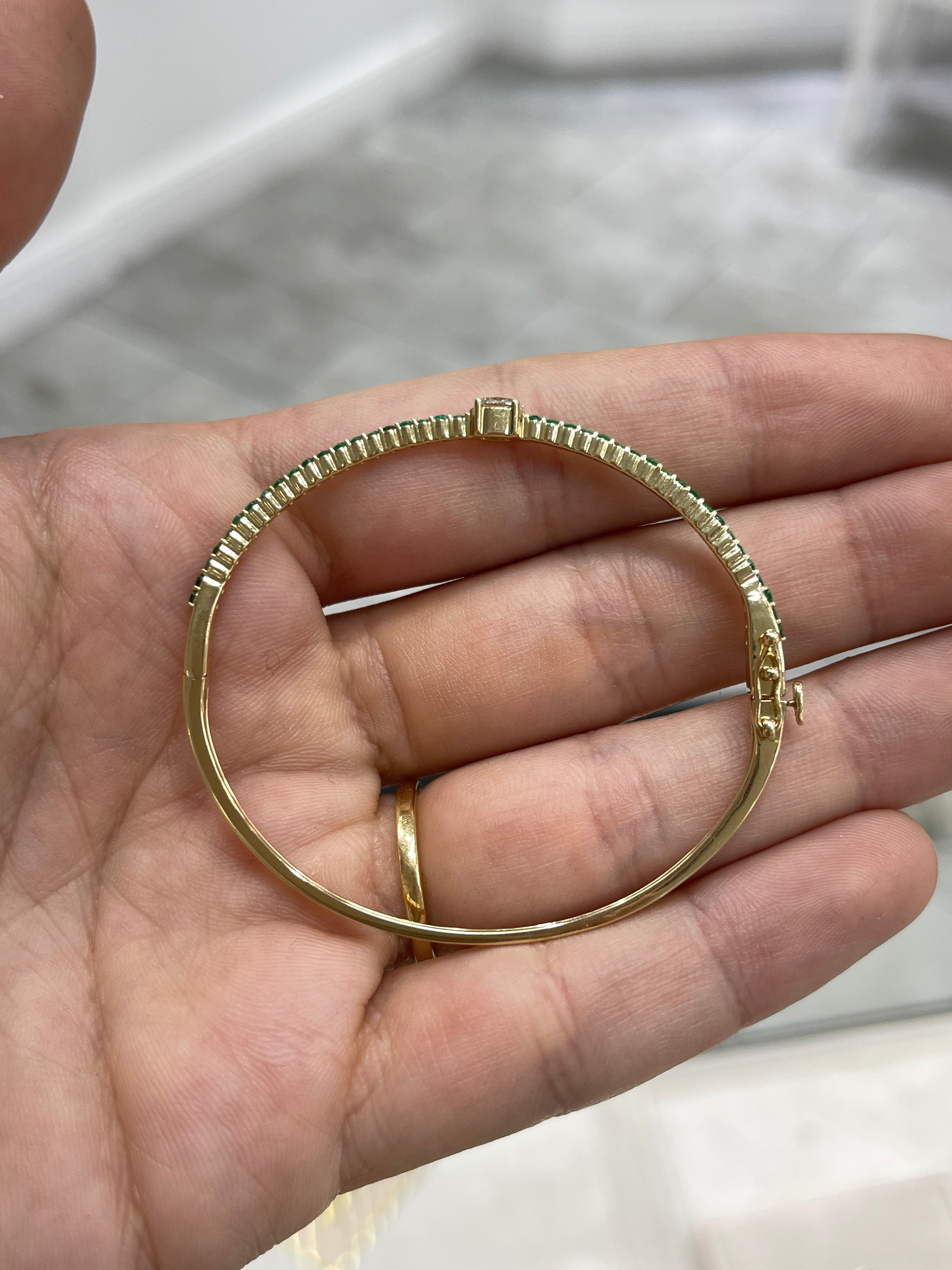 14K Yellow Gold Oval Diamond & Emerald Bangle Bracelet - 5.5 Inch Adjustable Wrist Size for Women | Perfect for Weddings, Anniversaries & Special Occasions