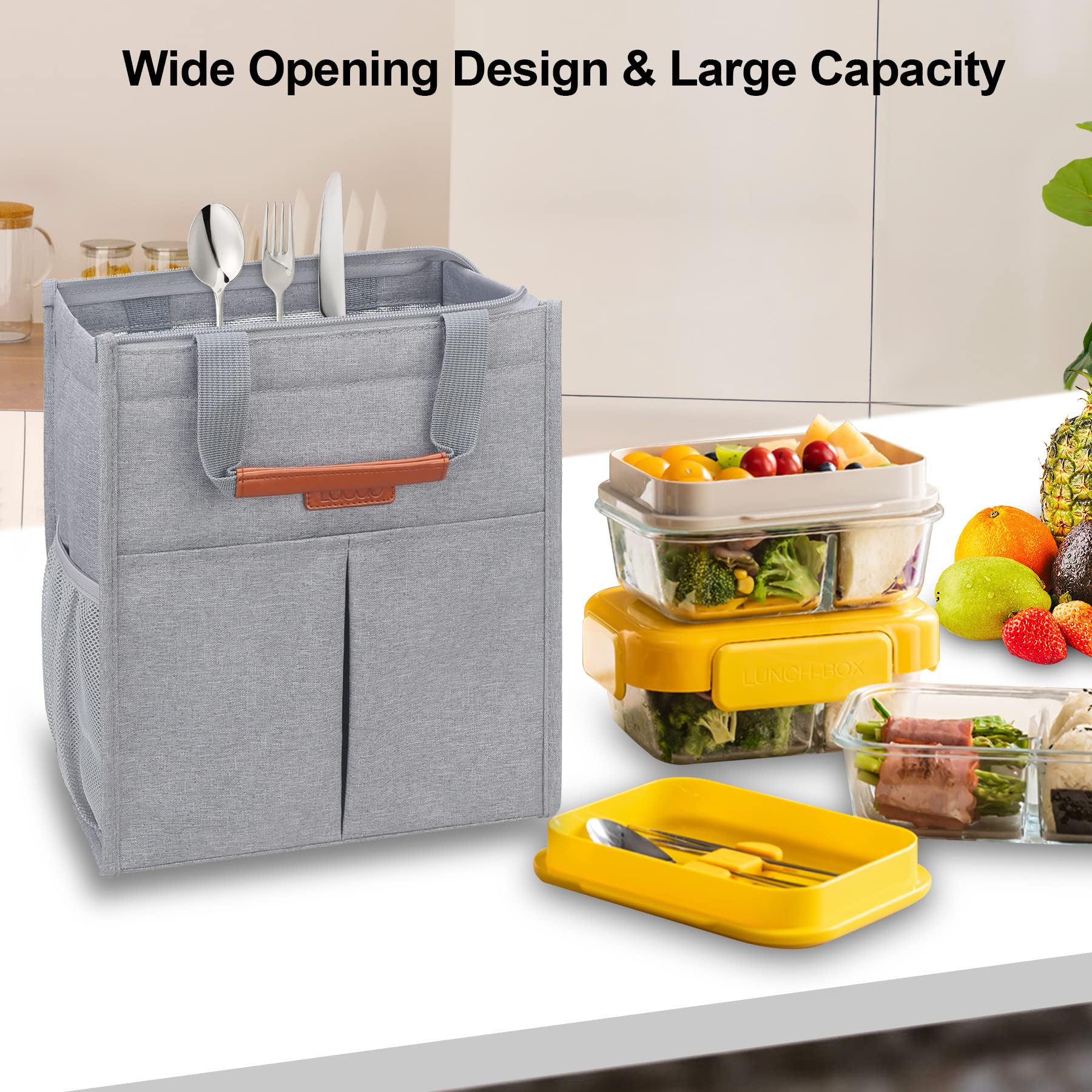 Lacdo Insulated Lunch Bag for Women & Men - Waterproof Reusable Lunch Tote with Pockets - Soft Cooler for Work, Office, Travel, Picnic & Outdoor Activities - Gray