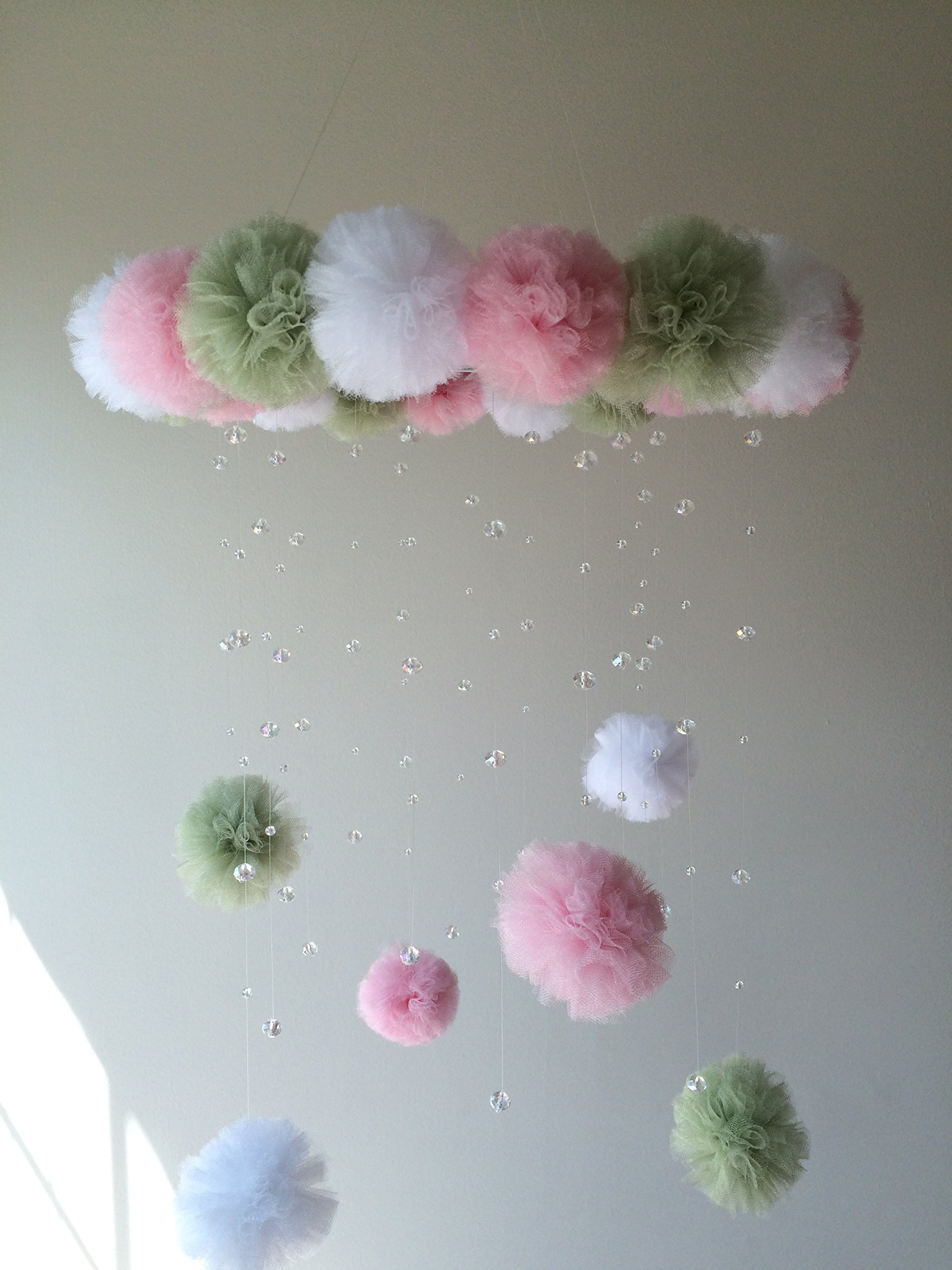 Pink and Green Pom Pom Crystal Baby Mobile - Handmade Nursery Decor for Cribs, Playrooms & Baby Showers - Perfect for Newborns & Toddlers