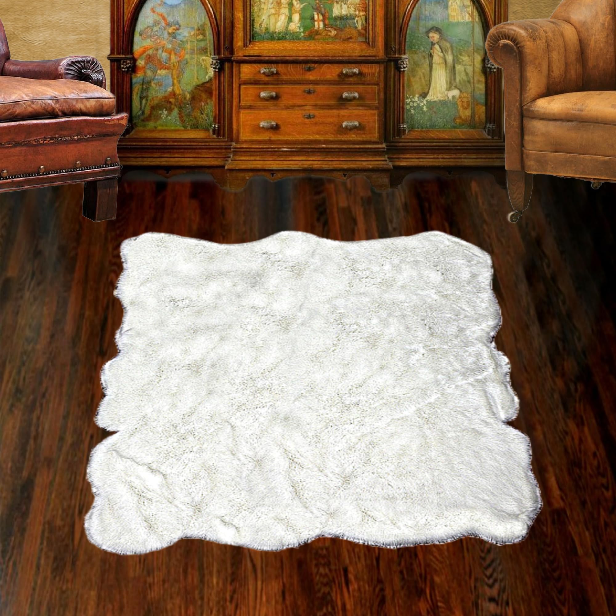 Luxury White Faux Fur Shag Area Rug - Soft Plush Sheepskin Carpet with Sculpted Edge - 3'x6' Gray Rectangle Accent Rug for Living Room, Bedroom & Nursery Decor
