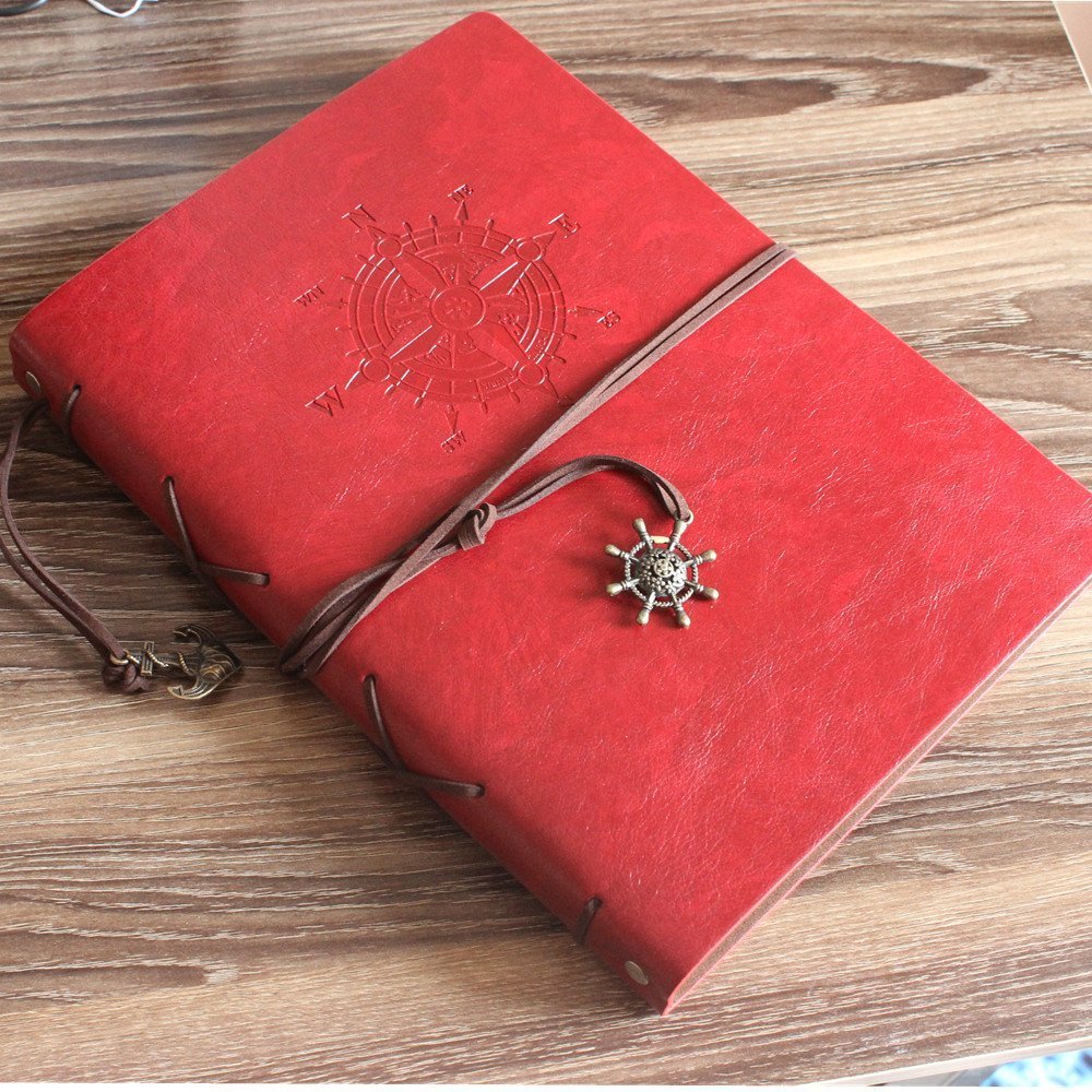 ToiM Pirate Theme Leatherette Cover Self-Adhesive Scrapbook Album - DIY Memory Book for Photos, Handmade Adhesive Scrapbooking Journal (Red) - Perfect for Travel Memories, Baby Books & Wedding Keepsakes