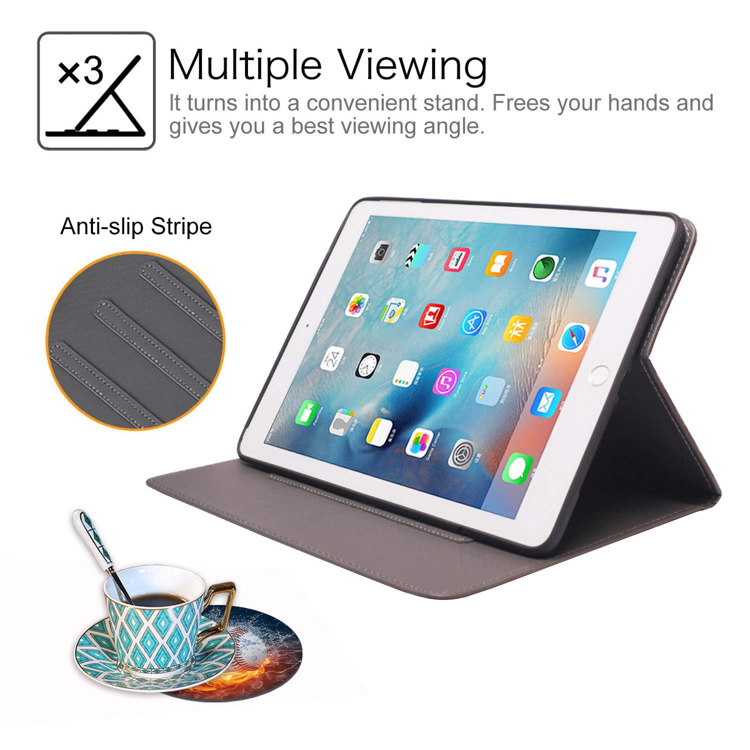Premium PU Leather Folio Case with Auto Wake/Sleep for iPad 9.7 (2017/2018), iPad Air/Air 2 (6th/5th Gen) - Burning Baseball Fire & Water Design - Includes Coaster Set - Perfect for Work, Travel & Home Use