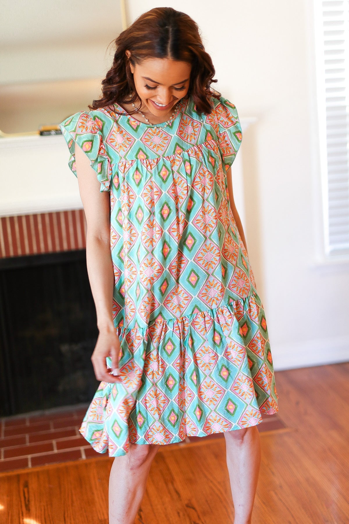 Boho Print Yoke Poplin Woven Dress - Floral Geometric Summer Dress for Women | Perfect for Beach Vacations, Music Festivals & Casual Outings