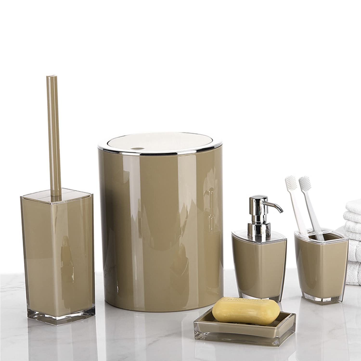 Premium 5-Piece Acrylic Bathroom Accessories Set - Toothbrush Holder, Soap Dish, Lotion Dispenser, Trash Can & Toilet Brush with Holder - Modern Brown Bathroom Decor for Home, Hotel & Spa - Perfect Housewarming Gift & Bathroom Organization Solution
