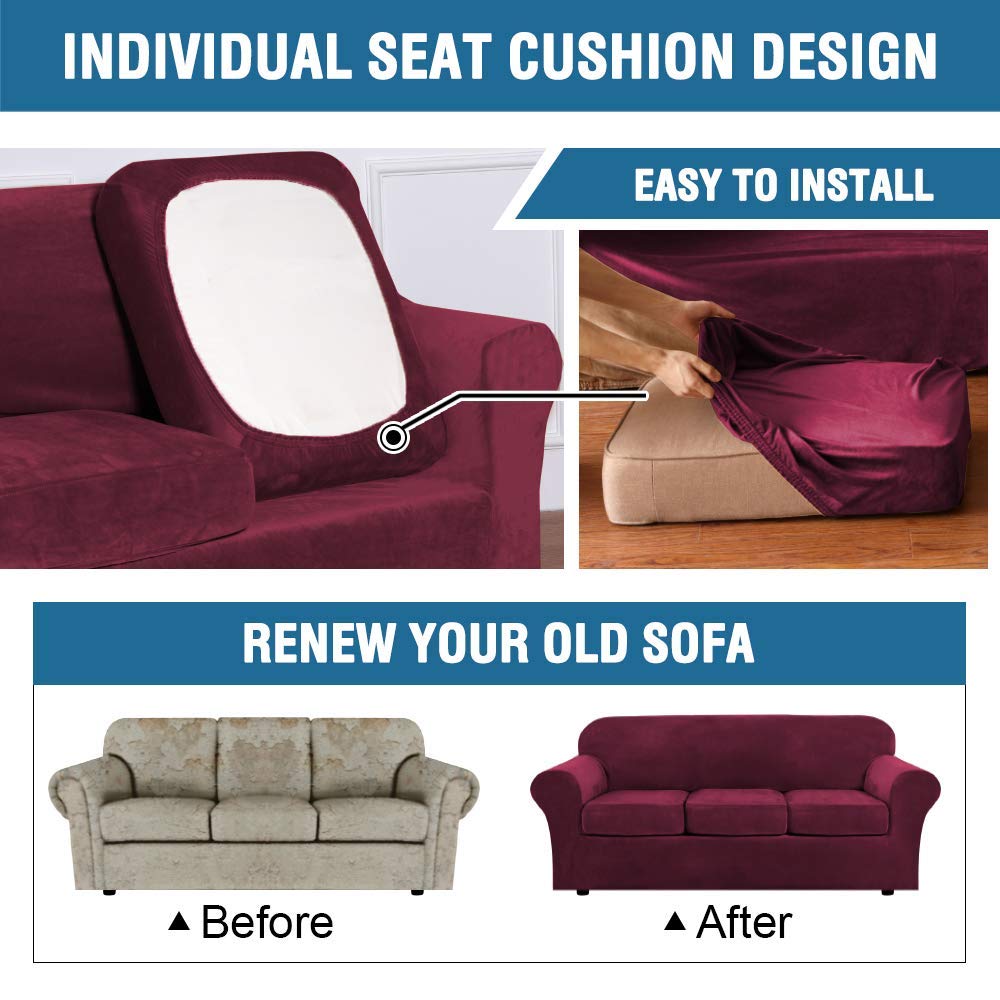H.VERSAILTEX 4-Piece Velvet Plush Sofa Slipcover Set with 3-Piece Loveseat Cover - Burgundy Red - Soft Stretch Couch Covers for Living Room, Sectional Furniture Protection & Home Decor Upgrade