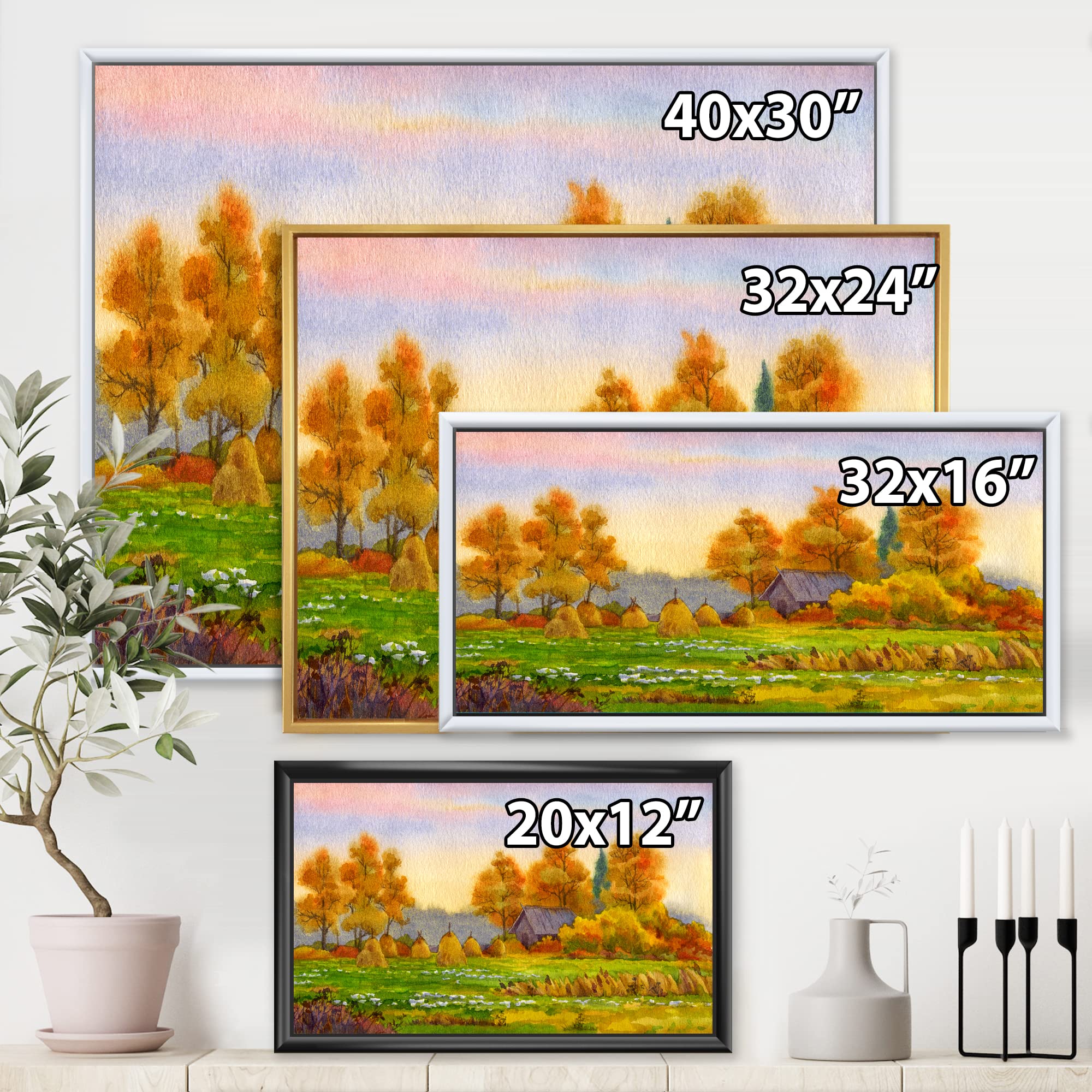Haystacks on Orange Fields I - Lake House Framed Canvas Wall Art Print for Living Room, Bedroom & Office Decor | Farmhouse Landscape Painting