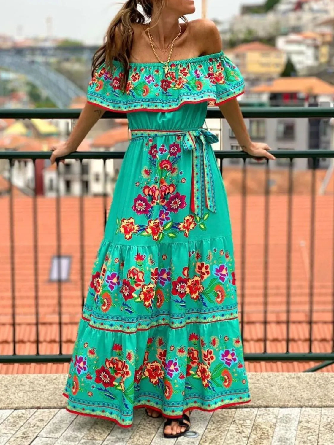 Floral Off Shoulder Ruffle Maxi Dress for Women - Summer Beach Vacation, Resort Wear & Boho Party Outfit