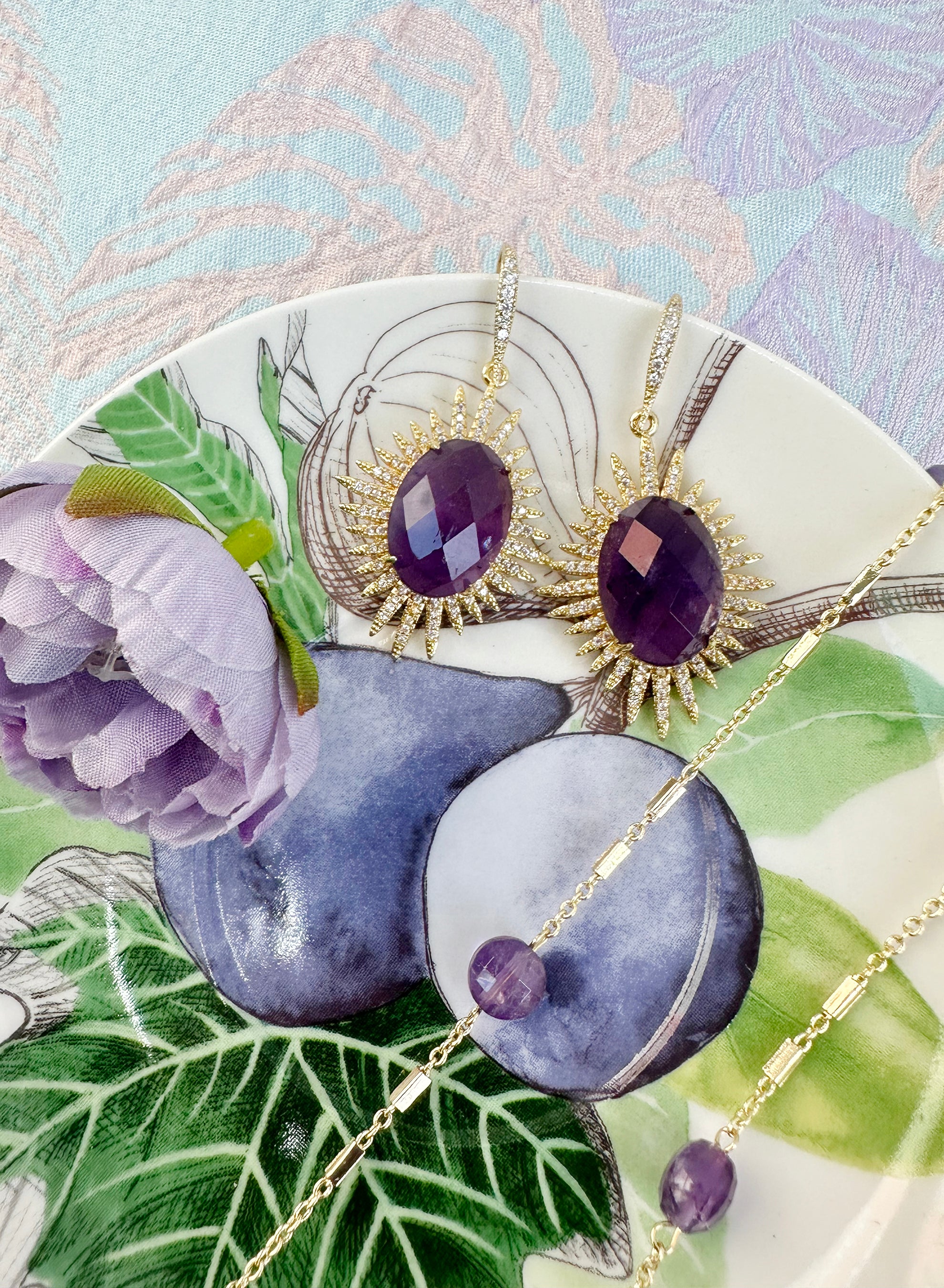 Amethyst Dangle Statement Earrings KE025 | Elegant Purple Gemstone Jewelry for Women | Perfect for Parties, Weddings & Special Occasions