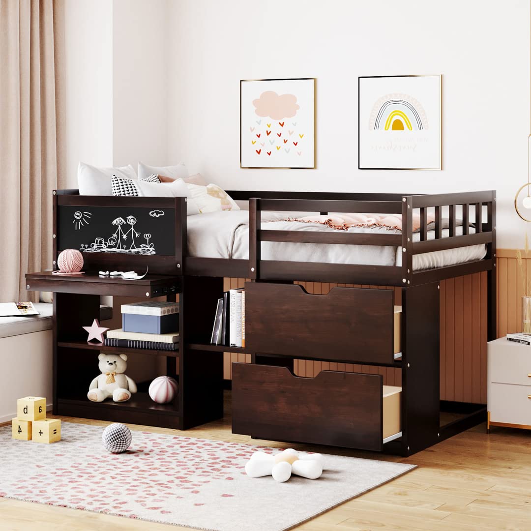 Twin Size Loft Bed with Rolling Desk & Storage - Low Loft Bed Frame with 2 Drawers, Open Shelves & Blackboard for Kids - Space-Saving Wood Bed for Boys & Girls (Espresso) - Perfect for Small Bedrooms, Dorm Rooms & Kids' Study Areas