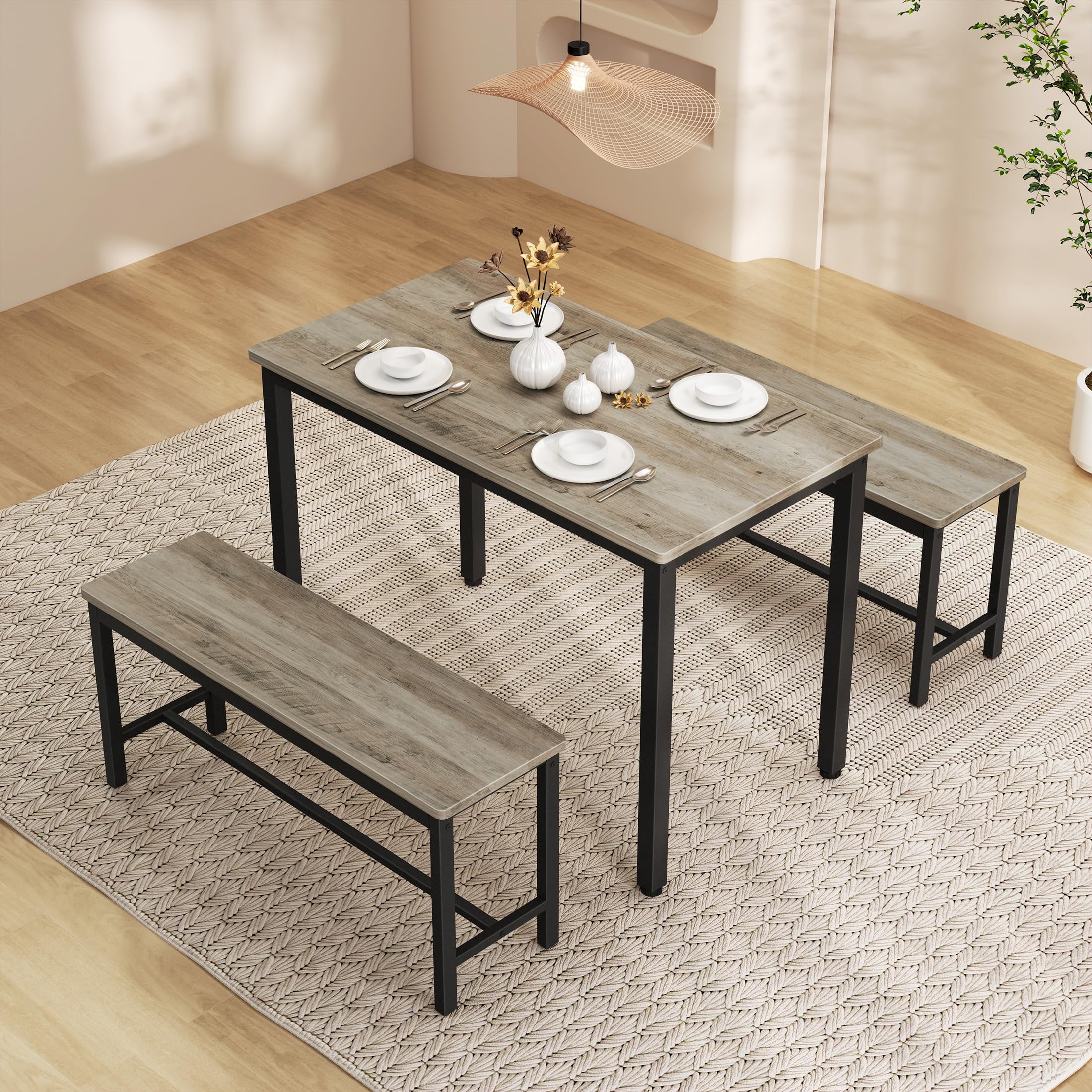 4-Piece Grey Dining Table Set with 2 Benches - Perfect for Small Kitchens & Breakfast Nooks | Space-Saving Kitchen Table Set for 4 People | Modern Compact Dining Room Furniture for Apartments and Cozy Homes