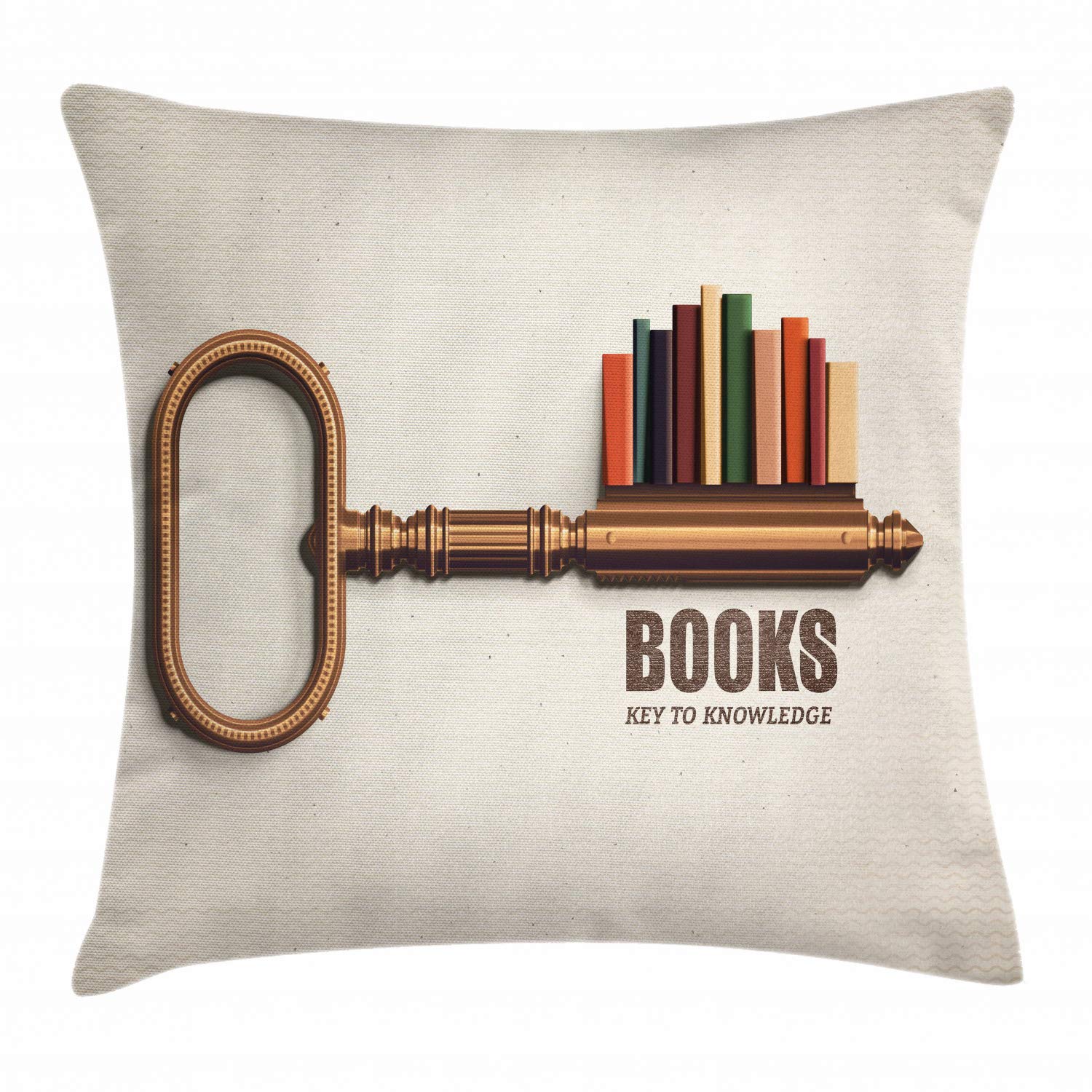 Ambesonne Key Shaped Bookshelf Throw Pillow Cover - 20x20 Inch Decorative Square Pillow Case with Colorful Books Print, Beige Bronze - Perfect for Living Room, Bedroom & Library Decor