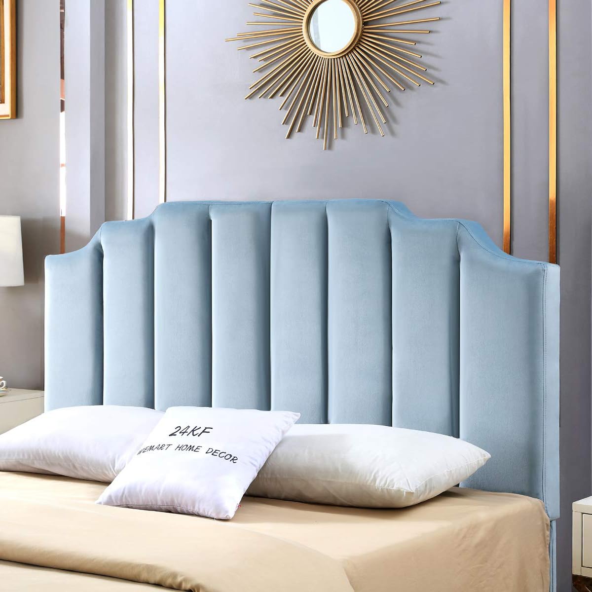 24K Gold Seaglass Velvet Upholstered Tufted Queen/Full Size Headboard - Modern Vertical Channel Design with Curved Tufted Headboard for Bedroom Decor | Luxury Bed Frame Accent | Coastal & Contemporary Home Furniture