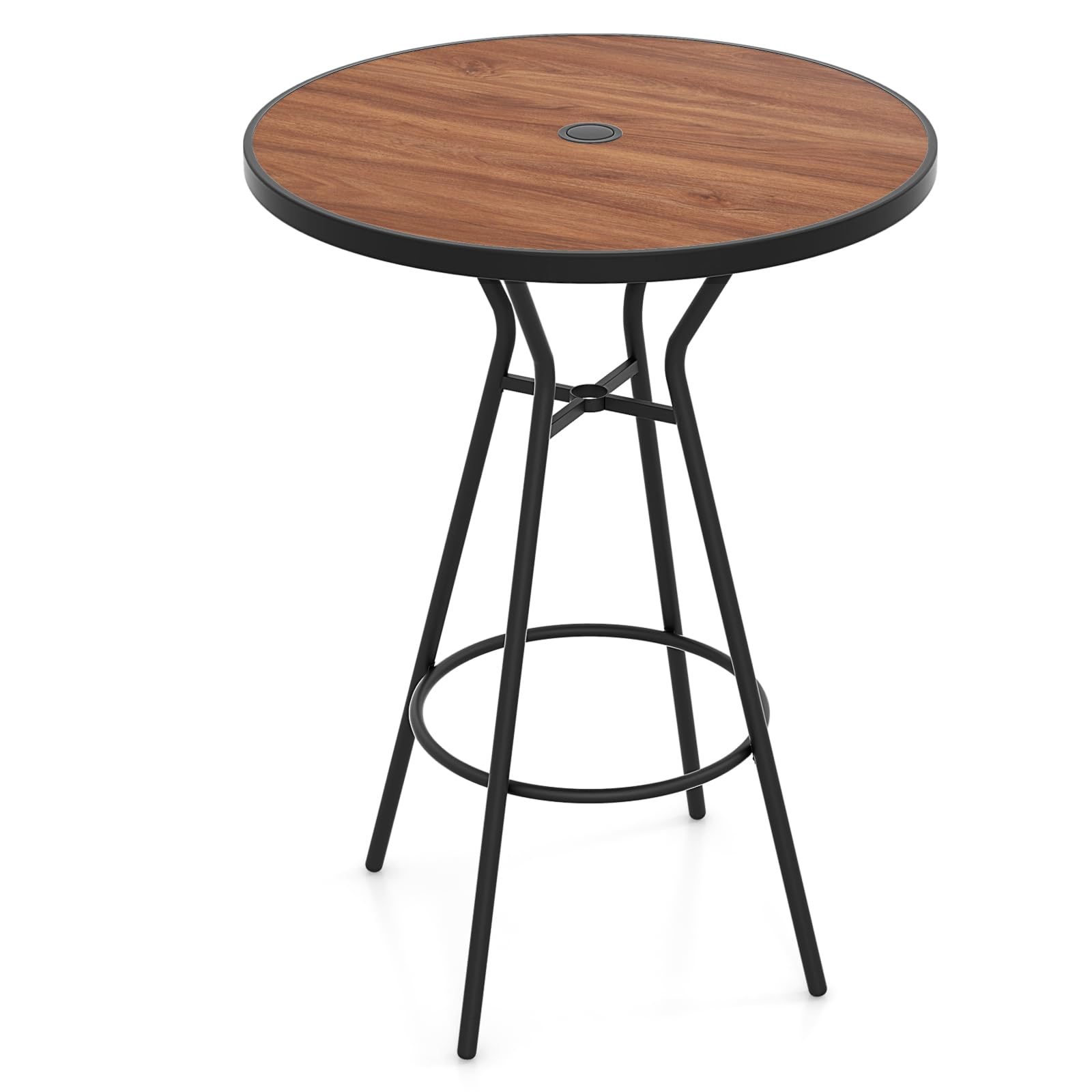 Tangkula 28 Inch Outdoor Bar Table - Round Wood-Like Patio Bistro Table with Umbrella Hole & Footrest - Perfect for Backyard, Garden, Deck & Outdoor Dining