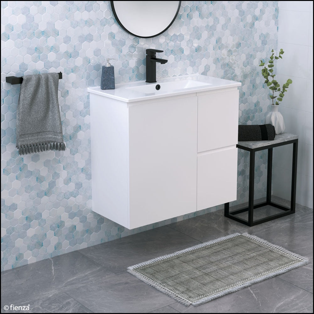 Fienza Siska 75DFR Slim 750mm Satin White Wall Mounted Bathroom Vanity with Right Side Drawers - Perfect for Modern Small Bathrooms and Powder Rooms