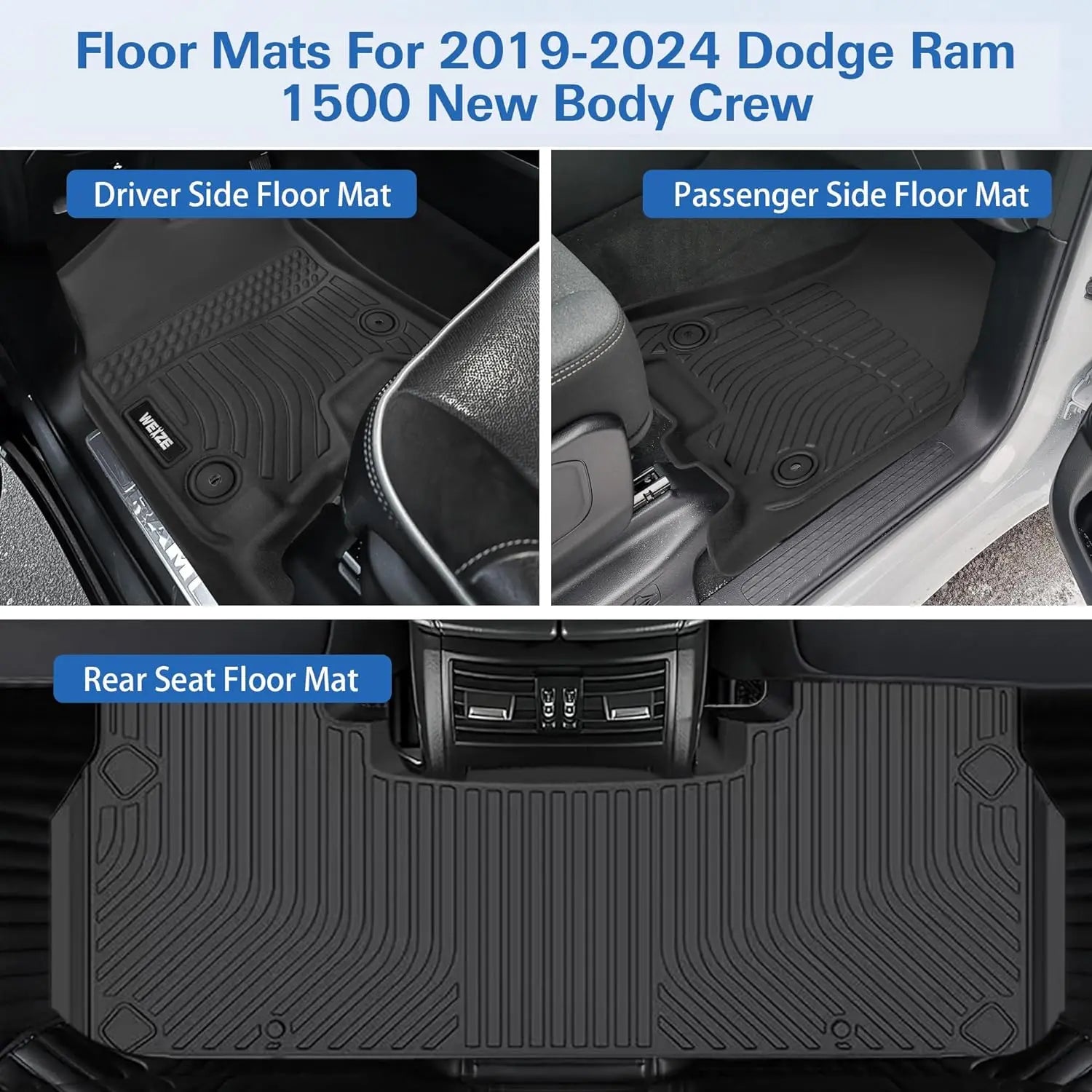 WEIZE Custom Fit All-Weather TPE Floor Mats for Dodge Ram 1500 Crew Cab 2019-2024 (Excludes Classic Models) - Front & Rear Row with Under Seat Storage Box - Perfect for Off-Roading, Daily Commuting and Family Road Trips