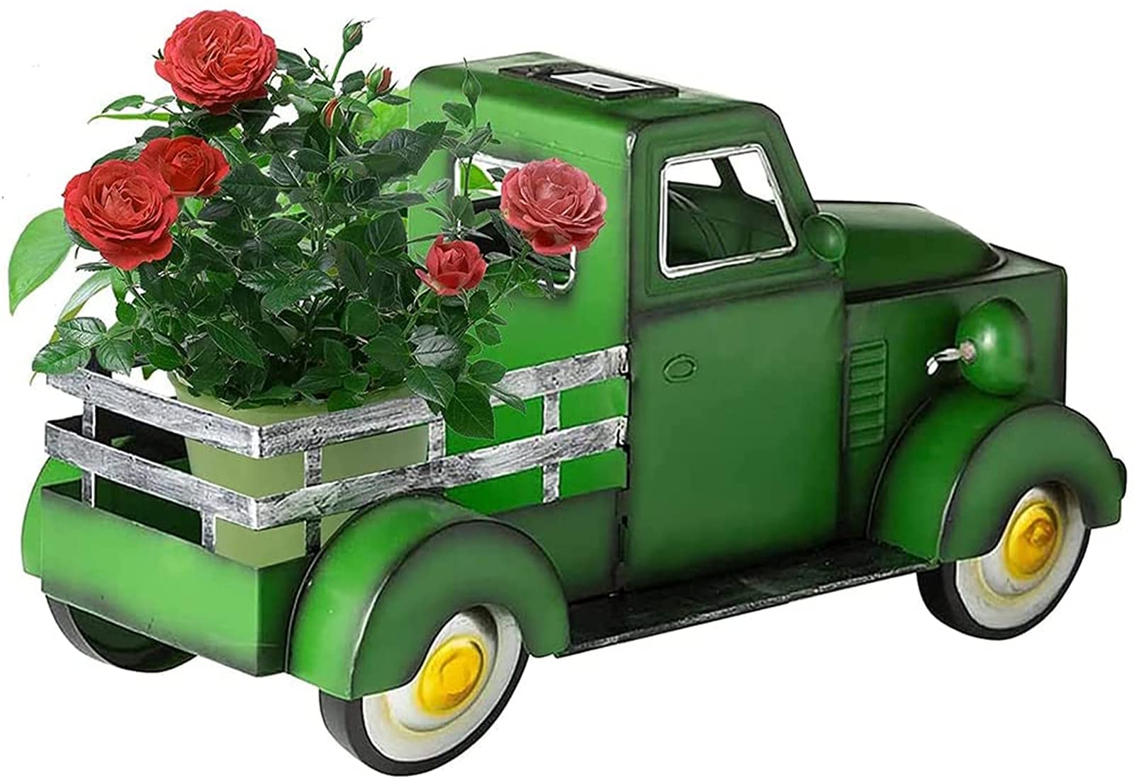 Solar-Powered LED Pickup Truck Garden Decoration - Vintage Style Flower Pot with Car Lights for Home, Office, Desktop & Table Decor (Green) | Perfect for Indoor Plant Displays, Patio Decor & Gift Ideas