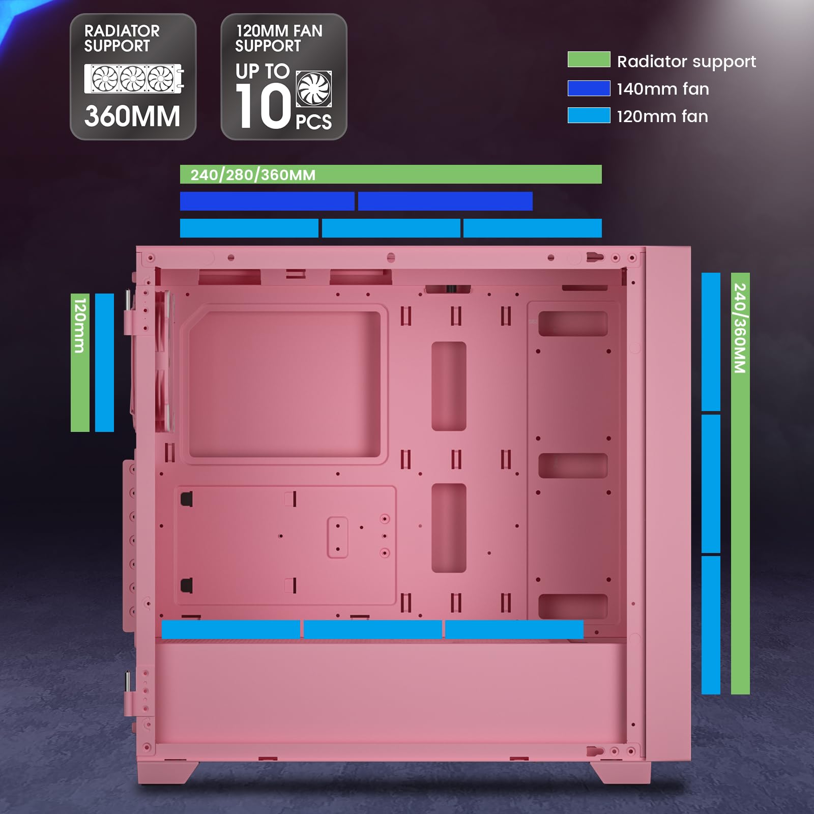 VETROO AL800 Full Tower PC Case - Tempered Glass Door, E-ATX/ATX Motherboard Support, Adjustable LED Strip, Pre-Installed ARGB & PWM FDB Fan, 40 Series GPU Compatible - Pink | Perfect for Gaming Rigs, Workstations & Custom PC Builds