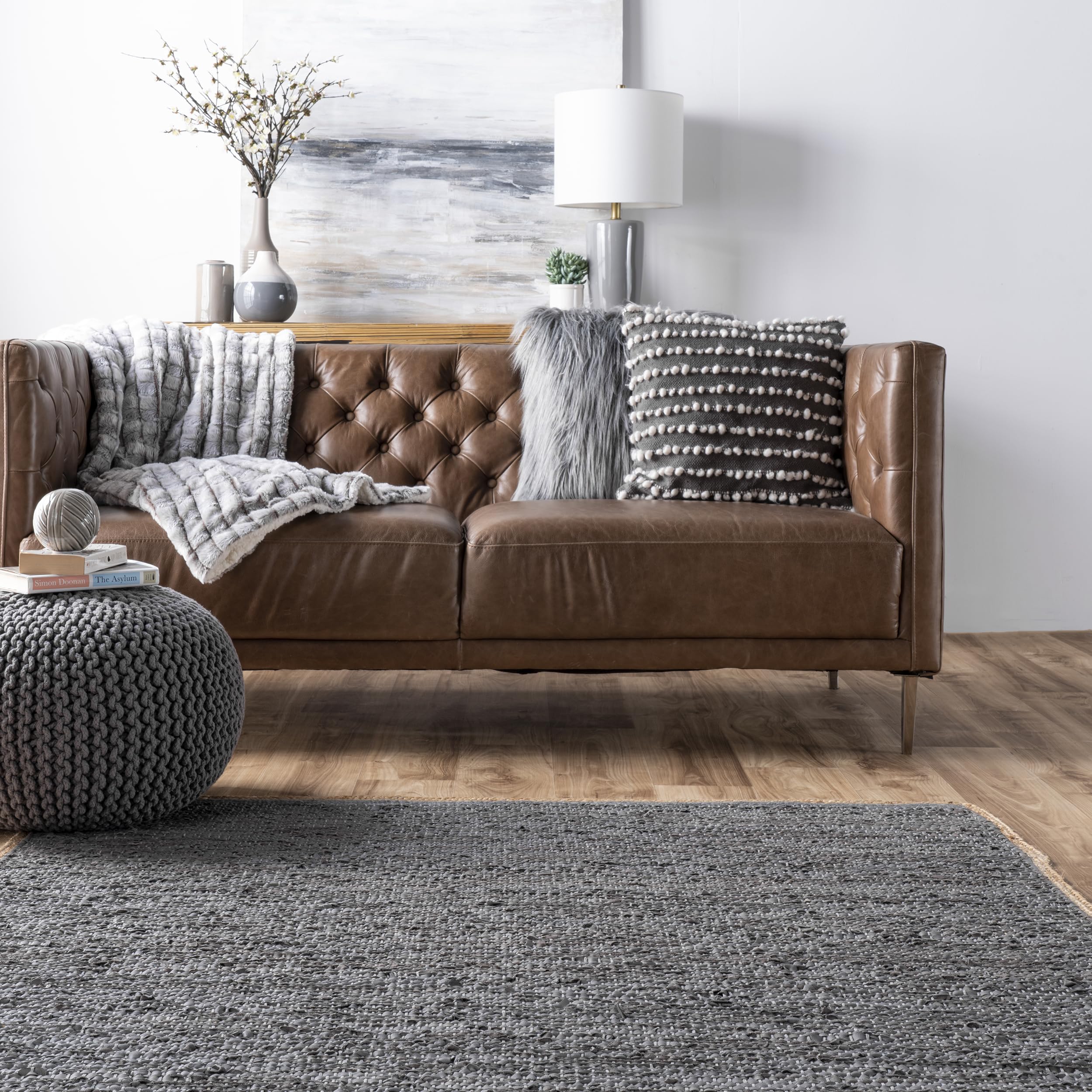nuLOOM Sabby Hand Woven Leather Flatweave Area Rug 6x9 Feet - Soft Grey Bohemian Style Rug for Living Room, Bedroom & Home Decor