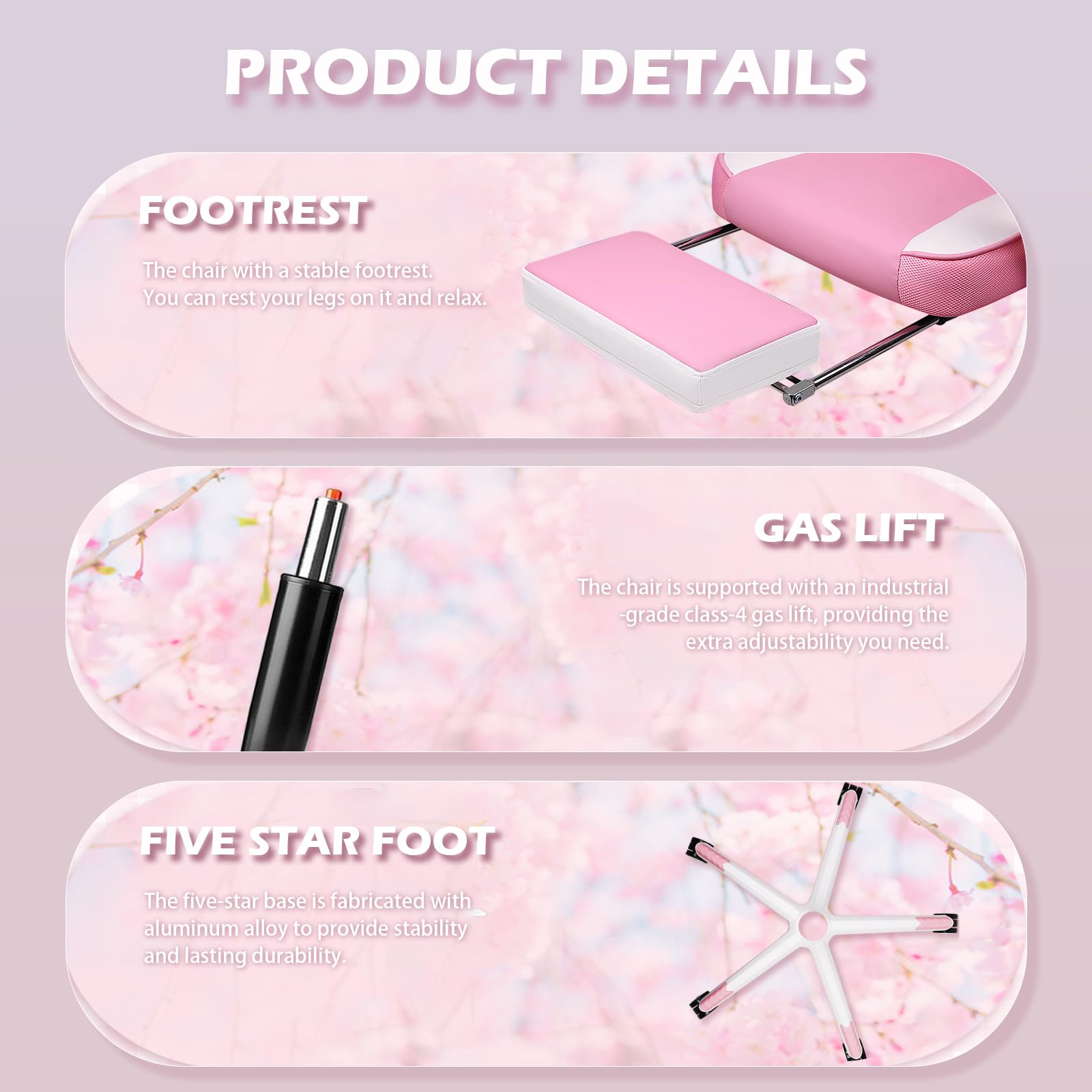 LEMBERI Pink Gaming Chair with Footrest - Ergonomic Kawaii Cute Gamer Chair for Girls, Computer Video Game Chair with Adjustable Headrest & Lumbar Support - Perfect for Streaming, Esports & Home Office Setup