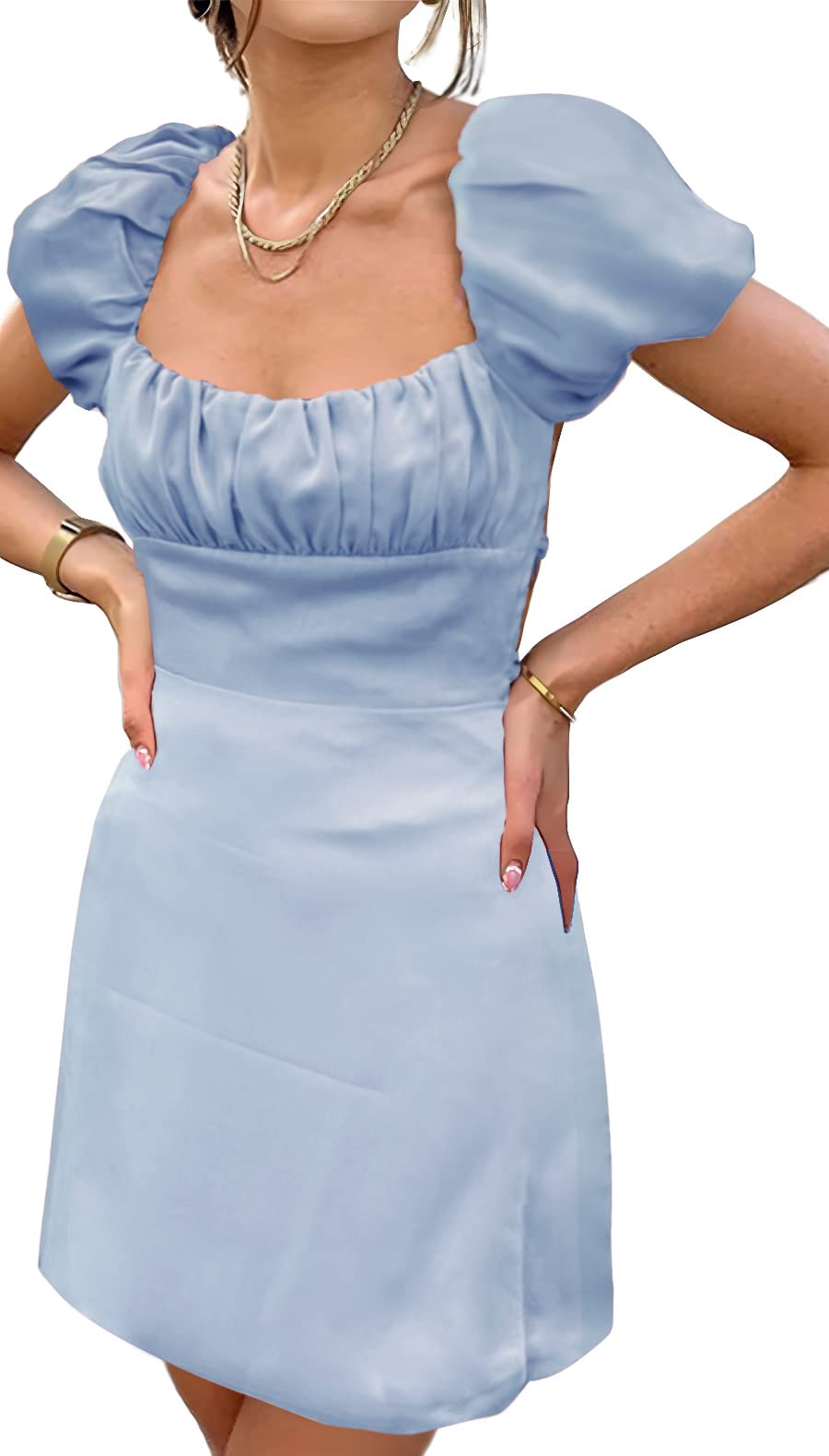 BEJONS Women's Summer Wedding Guest Dress - Square Neck, Short Sleeves, Backless Mini Dress for Casual Parties & Special Occasions | Perfect for Beach Weddings, Bridal Showers & Cocktail Events