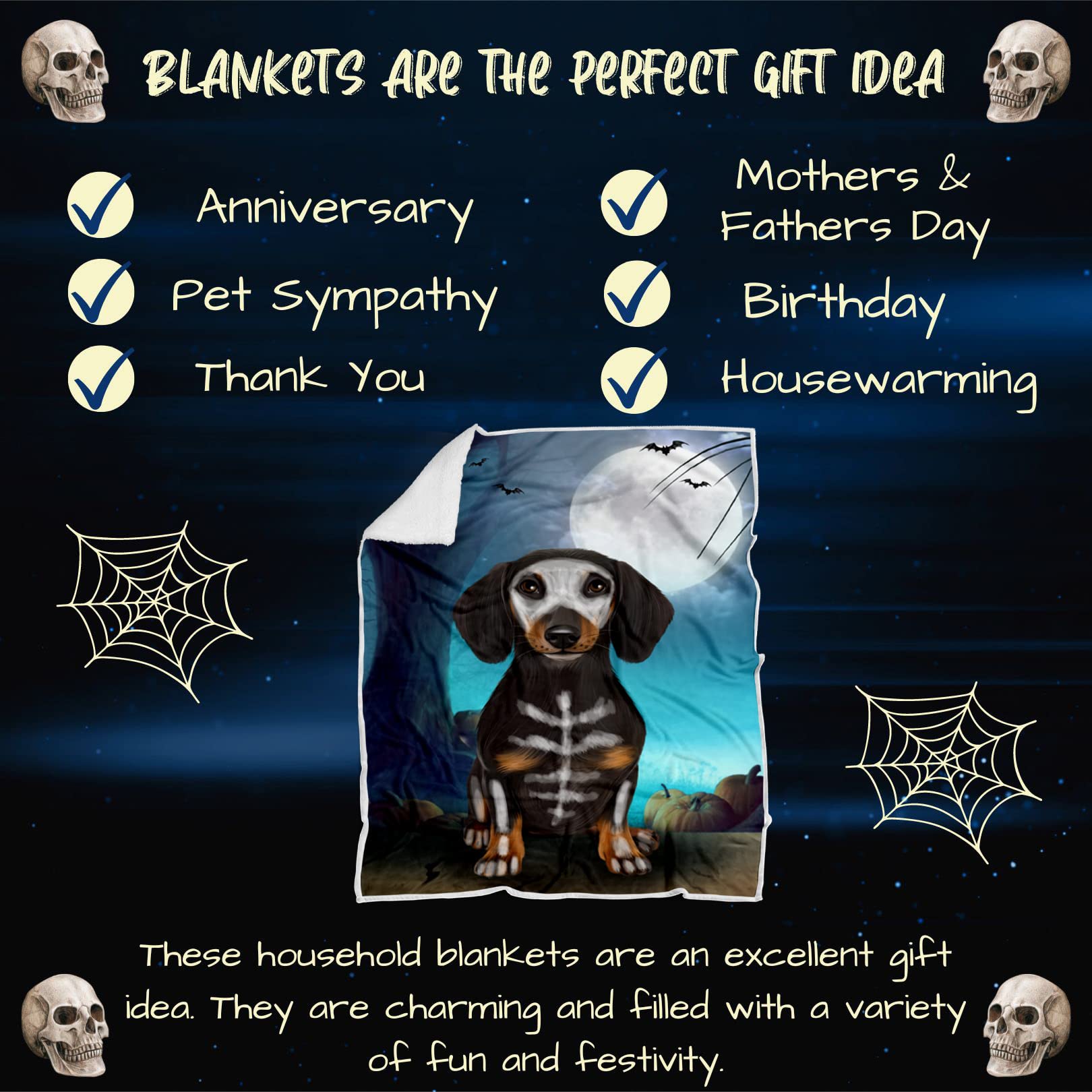 Halloween Trick or Treat Dachshund Dog Skeleton Blanket - Lightweight Super Soft Cozy Throw for Couch, Sofa & Bed - Durable Animal Theme Fuzzy Blanket (50x60 Woven) - Perfect for Halloween Decor, Pet Lover Gift & Cozy Movie Nights