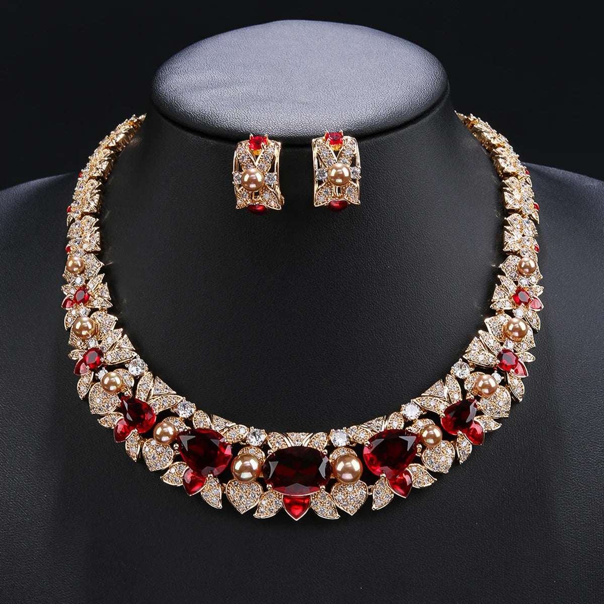 Luxury Cubic Zirconia Pearl Necklace & Earrings Set for Women - Elegant Bridal Wedding Jewelry - Perfect for Weddings, Parties, and Special Occasions