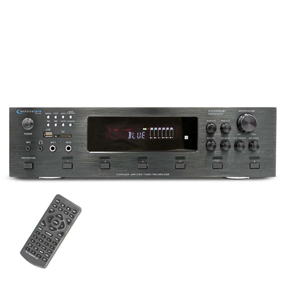 Technical Pro 6000W 6-Zone Bluetooth Hybrid Amplifier - Digital Preamp Tuner with USB/SD Card, 2 Mic Inputs, Bass/Treble Controls, Cooling Fan & LCD Display - Perfect for Home Theater, DJ Setup & Live Performances