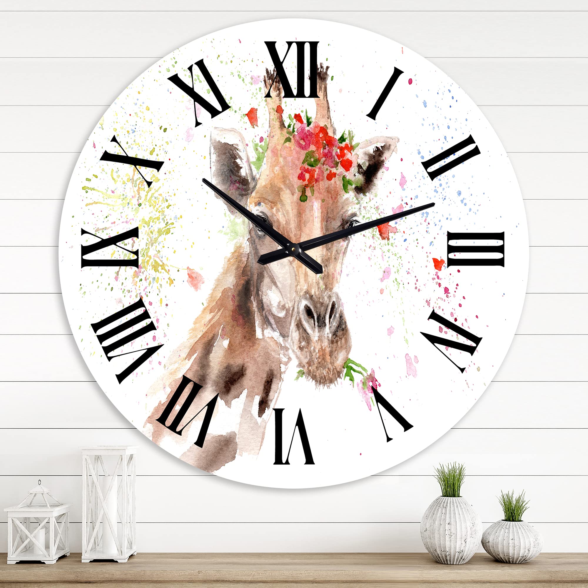 Farmhouse Wall Clock - Large Giraffe & Floral Design for Bedroom Decor | Rustic Animal-Themed Wall Art for Living Room, Nursery & Home Office