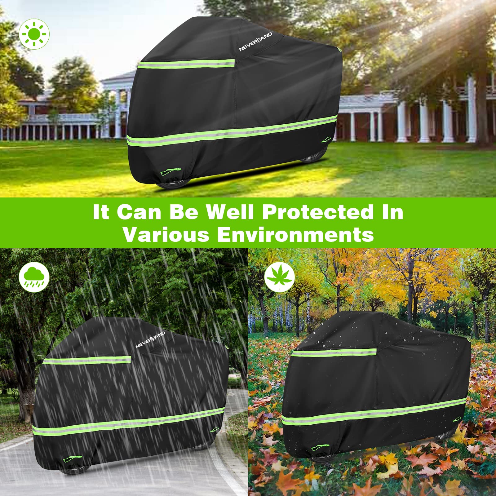 NEVERLAND Heavy Duty Waterproof Motorcycle Cover with Night Reflective & Lock Holes - All Season Outdoor Protection for Scooters & Bikes Up to 86