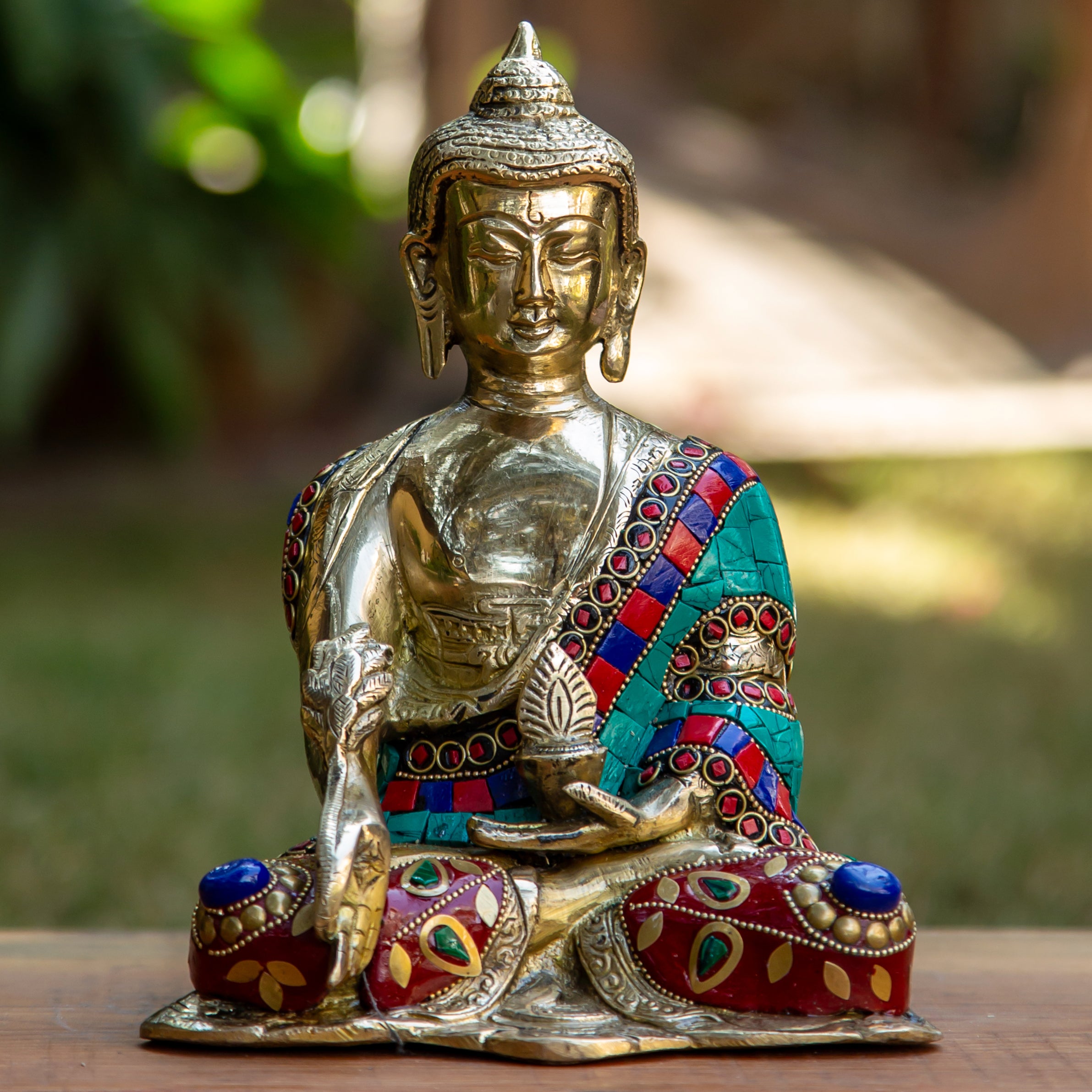 Pure Bronze Medicine Buddha Statue with Coral, Malachite, Lapis Lazuli & Gemstone Inlays - Buddhist Altar Decor, Meditation Room Centerpiece, Spiritual Gift