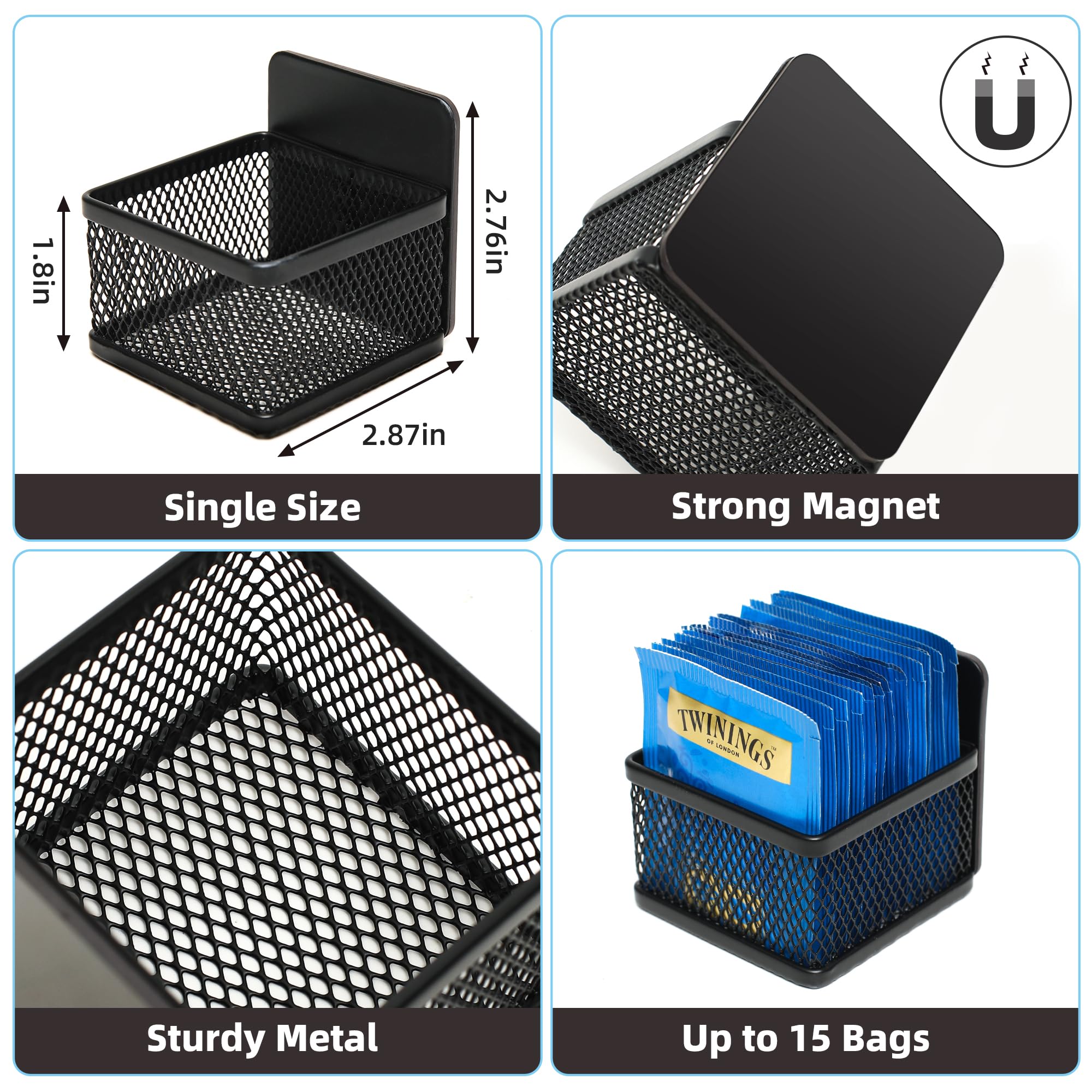 6-Piece Magnetic Tea Bag Organizer Set - Black Metal Tea Storage for Refrigerator, Counter or Kitchen Shelf | Perfect Tea Gift for Tea Lovers (Small, DB-1205) | Keep Your Tea Bags Fresh & Organized at Home or Office