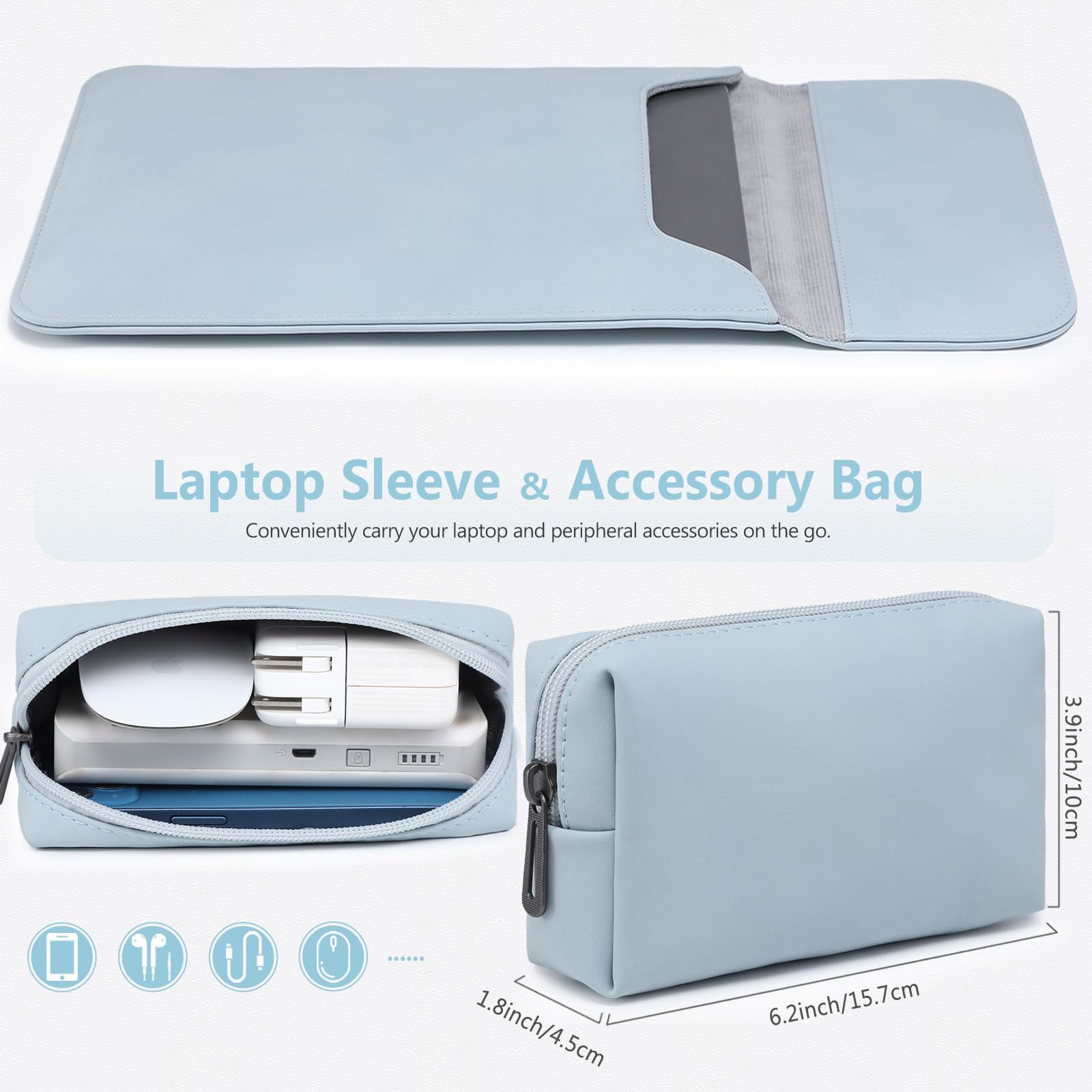 Premium 13 Inch Laptop Sleeve Case for MacBook Air M3/M1, MacBook Pro M2/M1, iPad Pro, iPad Air, XPS 13 & Surface Pro - Lightweight Protective Bag with Carry Pouch in Pale Blue - Perfect for Work, School & Travel
