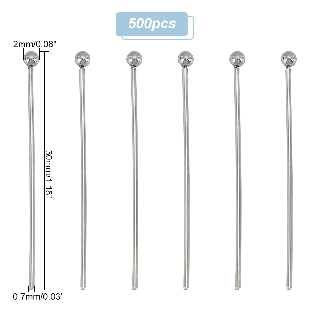 500pcs Ball Head Pins 30mm - 304 Stainless Steel Jewelry Making Pins 21 Gauge - Bendable Headpins for DIY Beading, Earrings, Pendants, Bracelets & Necklaces - Perfect for Jewelry Crafting & DIY Projects